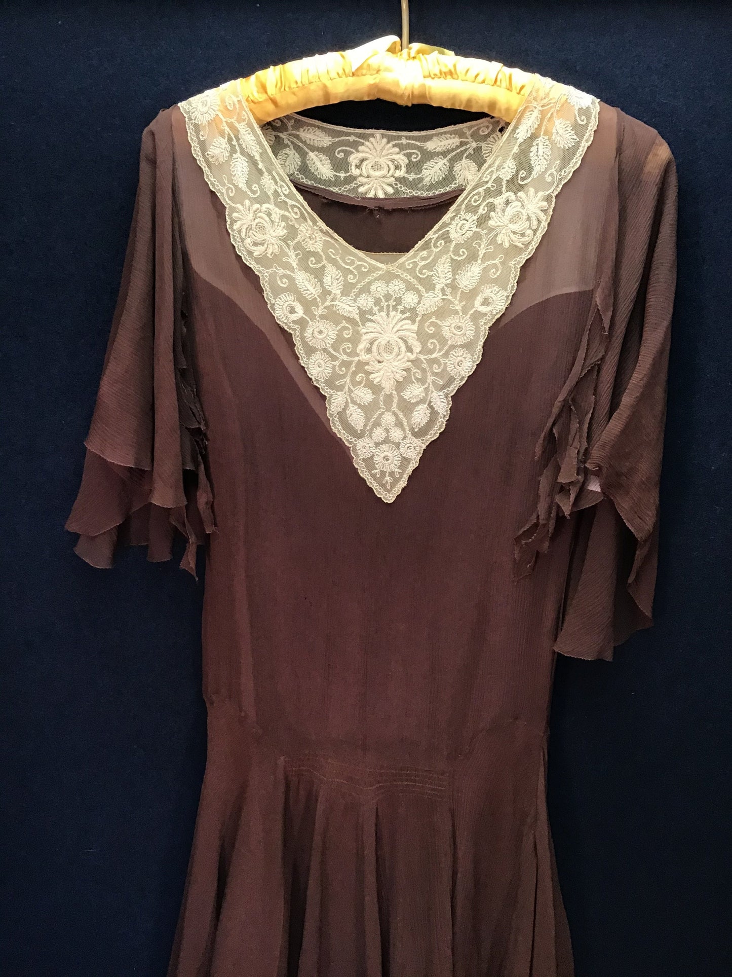 Authentic 1920s Brown Chiffon and Lace Drop-waist Flapper Dress