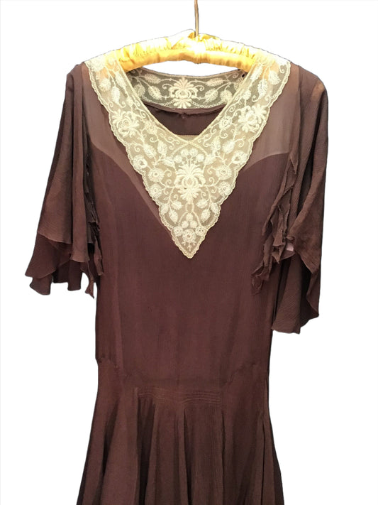 Authentic 1920s Brown Chiffon and Lace Drop-waist Flapper Dress