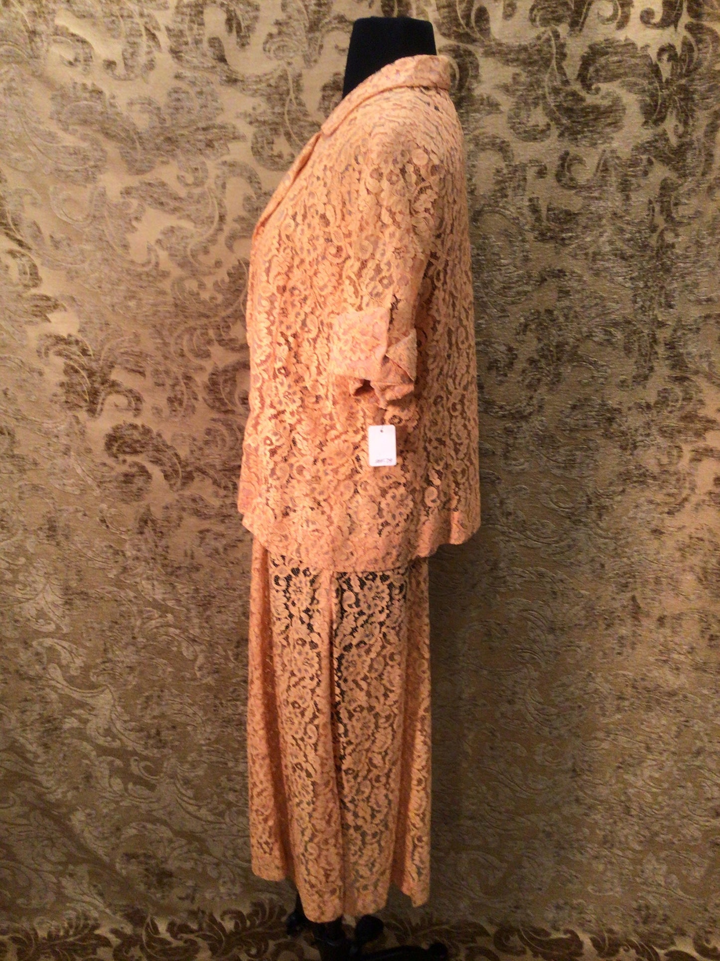 Vintage early 1940s 2pc. Peach Lace Dress and Jacket