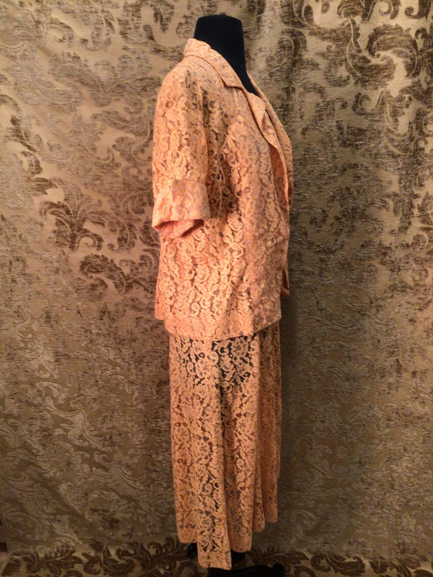 Vintage early 1940s 2pc. Peach Lace Dress and Jacket