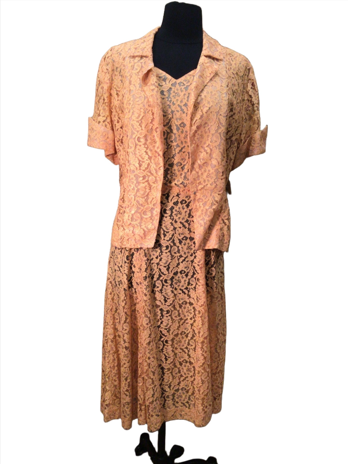 Vintage early 1940s 2pc. Peach Lace Dress and Jacket