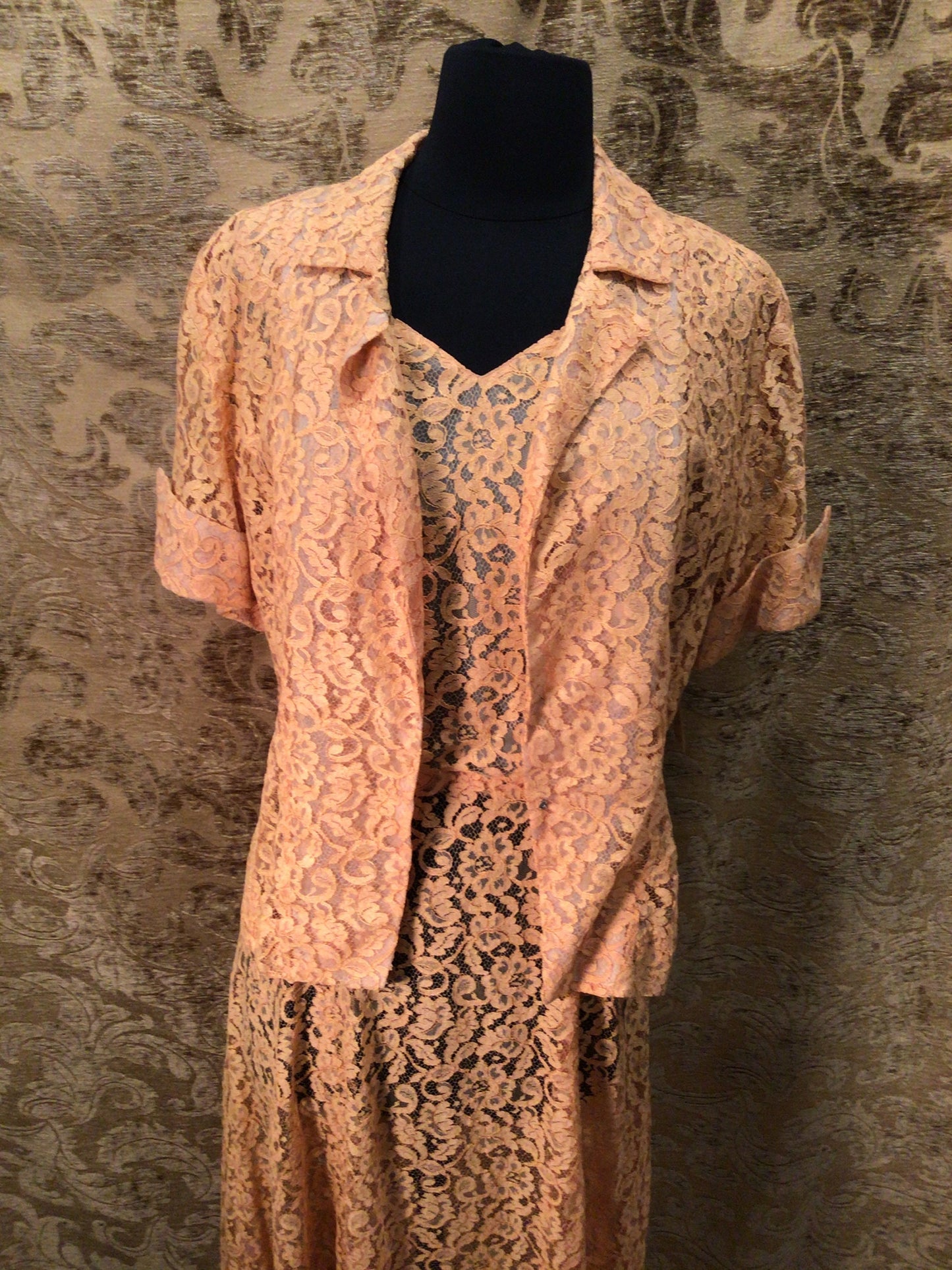 Vintage early 1940s 2pc. Peach Lace Dress and Jacket