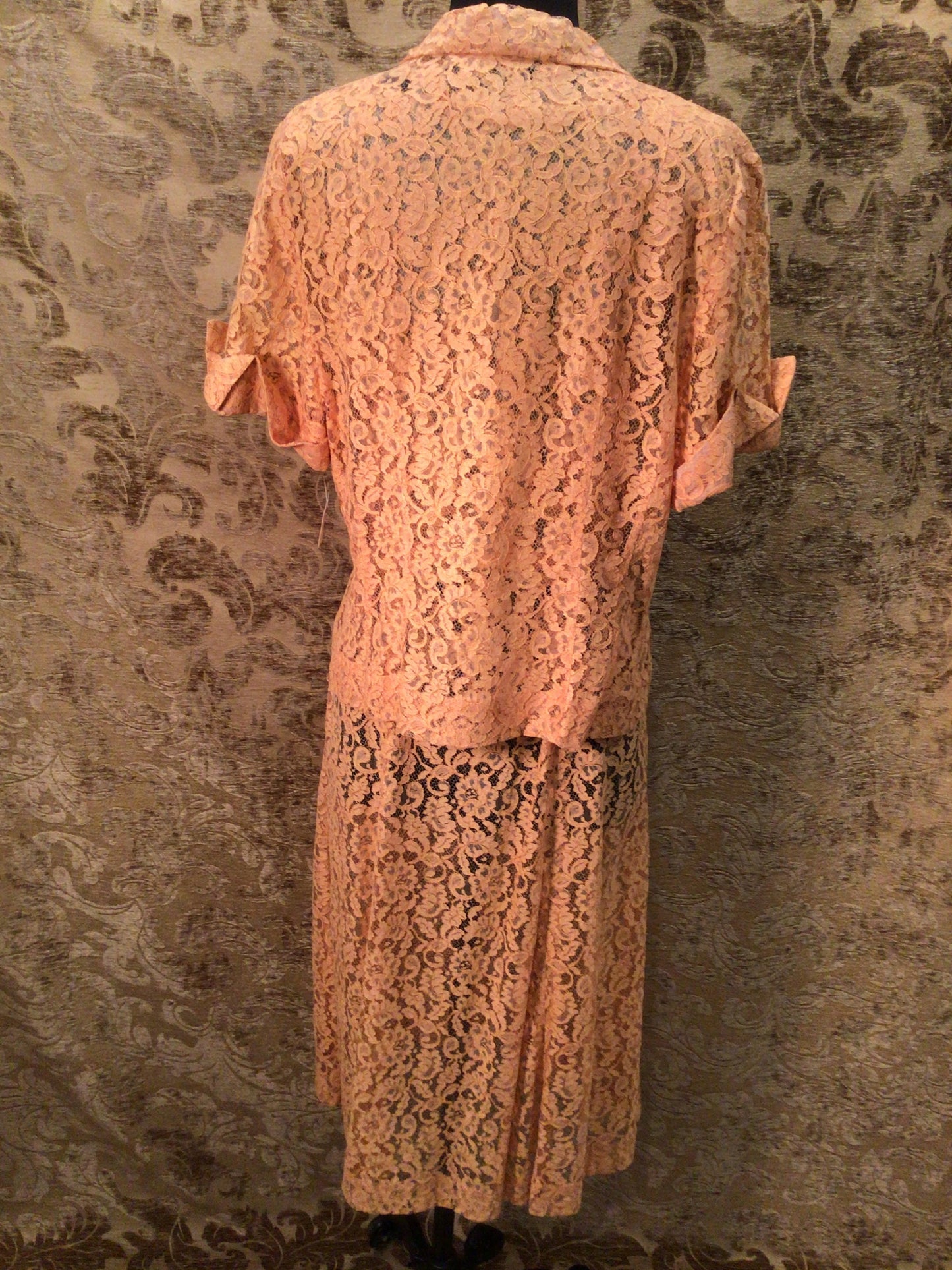 Vintage early 1940s 2pc. Peach Lace Dress and Jacket