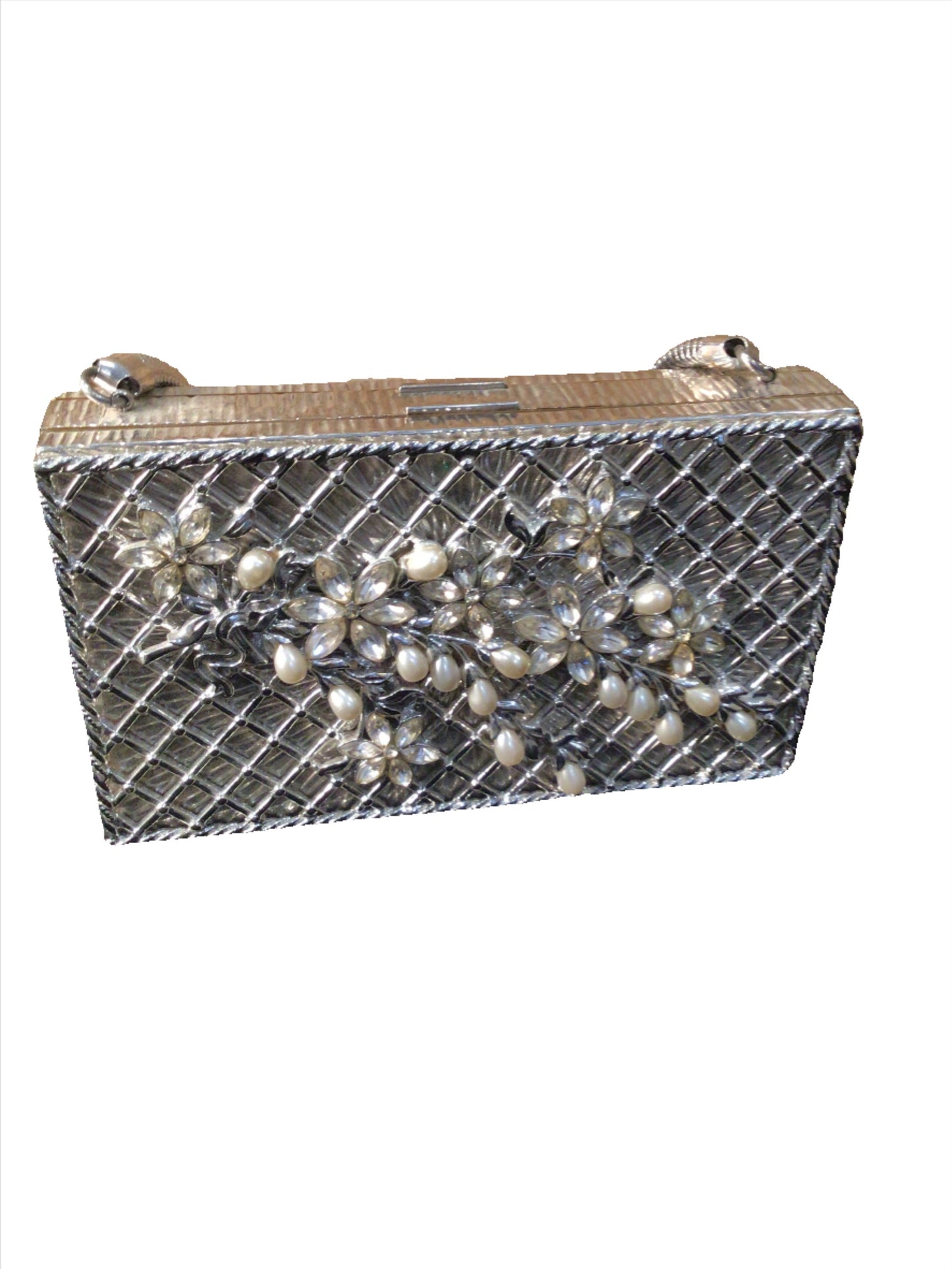 1950s Rhinestone Minaudiere Vanity “Evans”Pearls Silver Lattice Metal Handbag