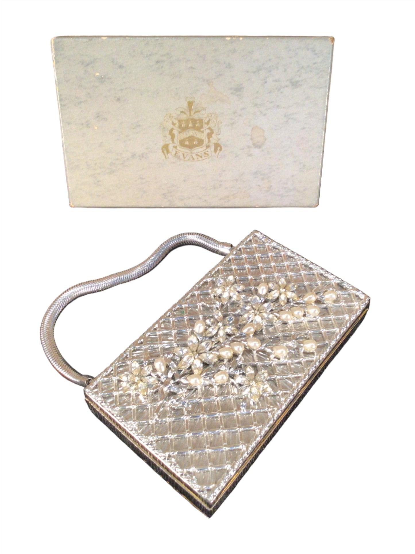 1950s Rhinestone Minaudiere Vanity “Evans”Pearls Silver Lattice Metal Handbag