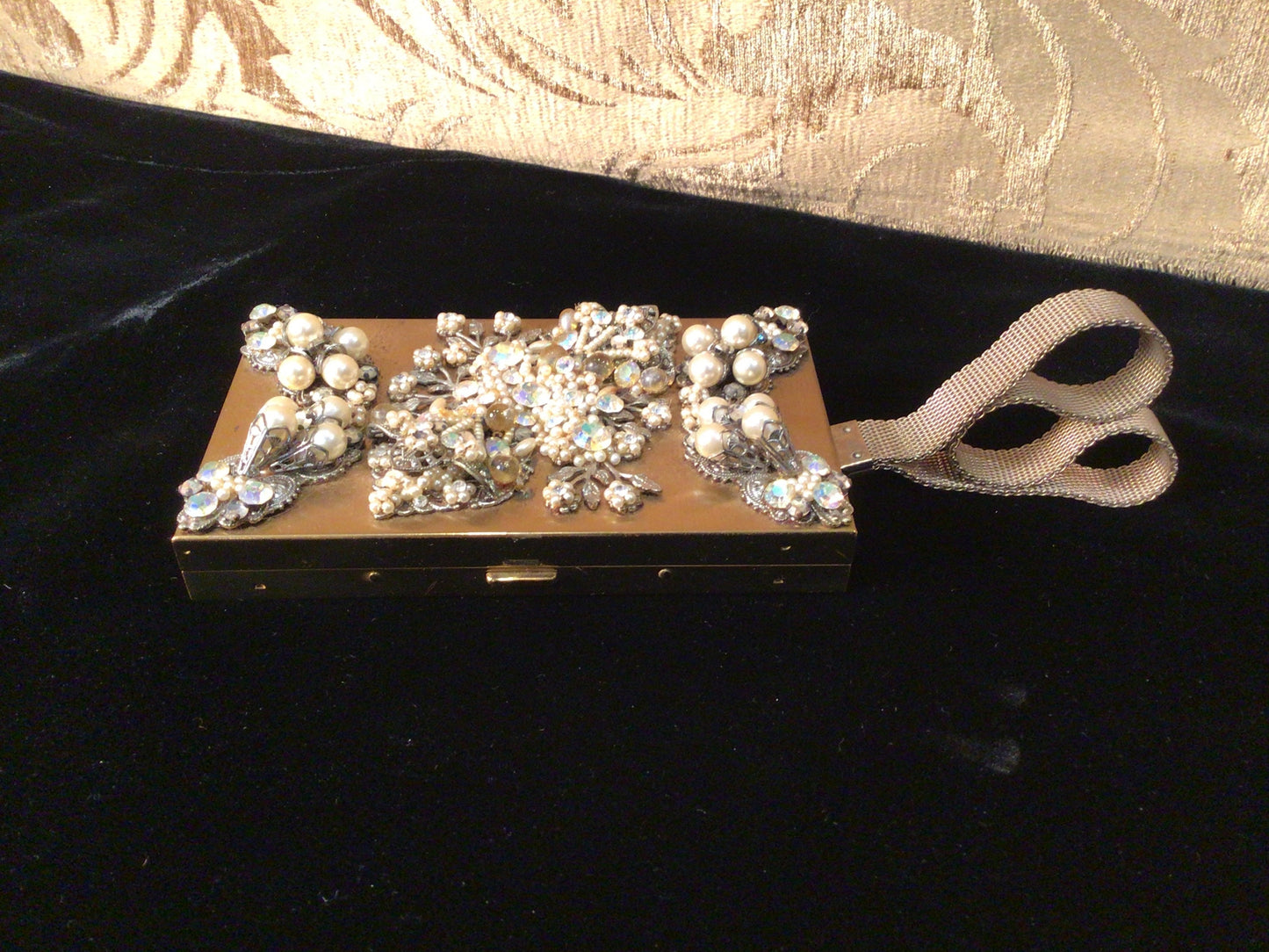 Stunning Mid-century Rhinestone & Pearl Minaudiere Vanity Metal Purse