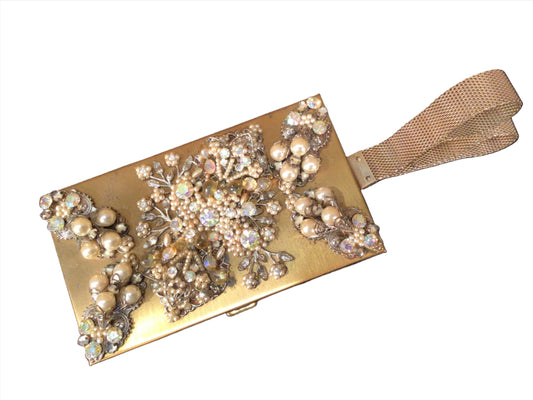 Stunning Mid-century Rhinestone & Pearl Minaudiere Vanity Metal Purse