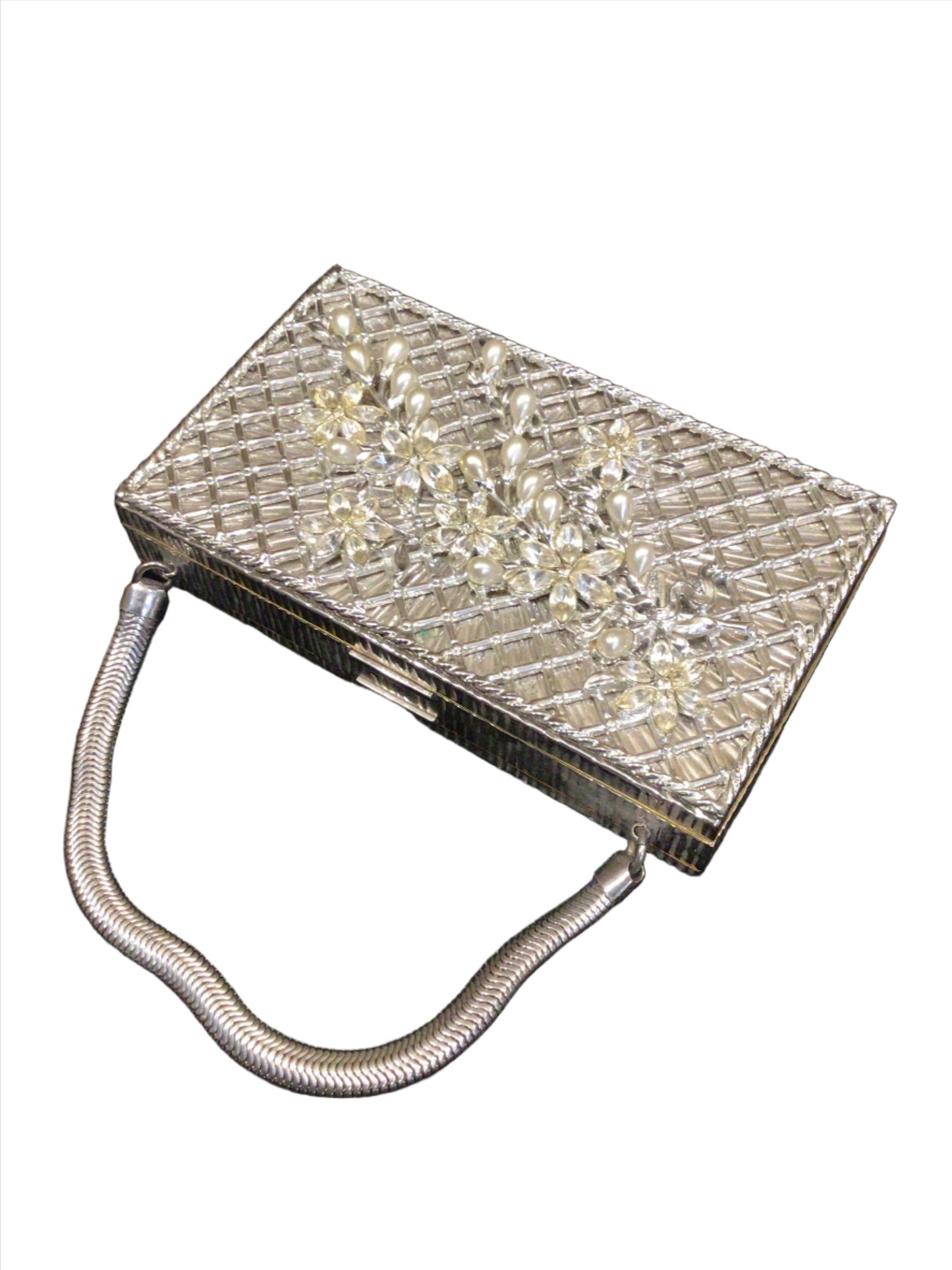 1950s Rhinestone Minaudiere Vanity “Evans”Pearls Silver Lattice Metal Handbag