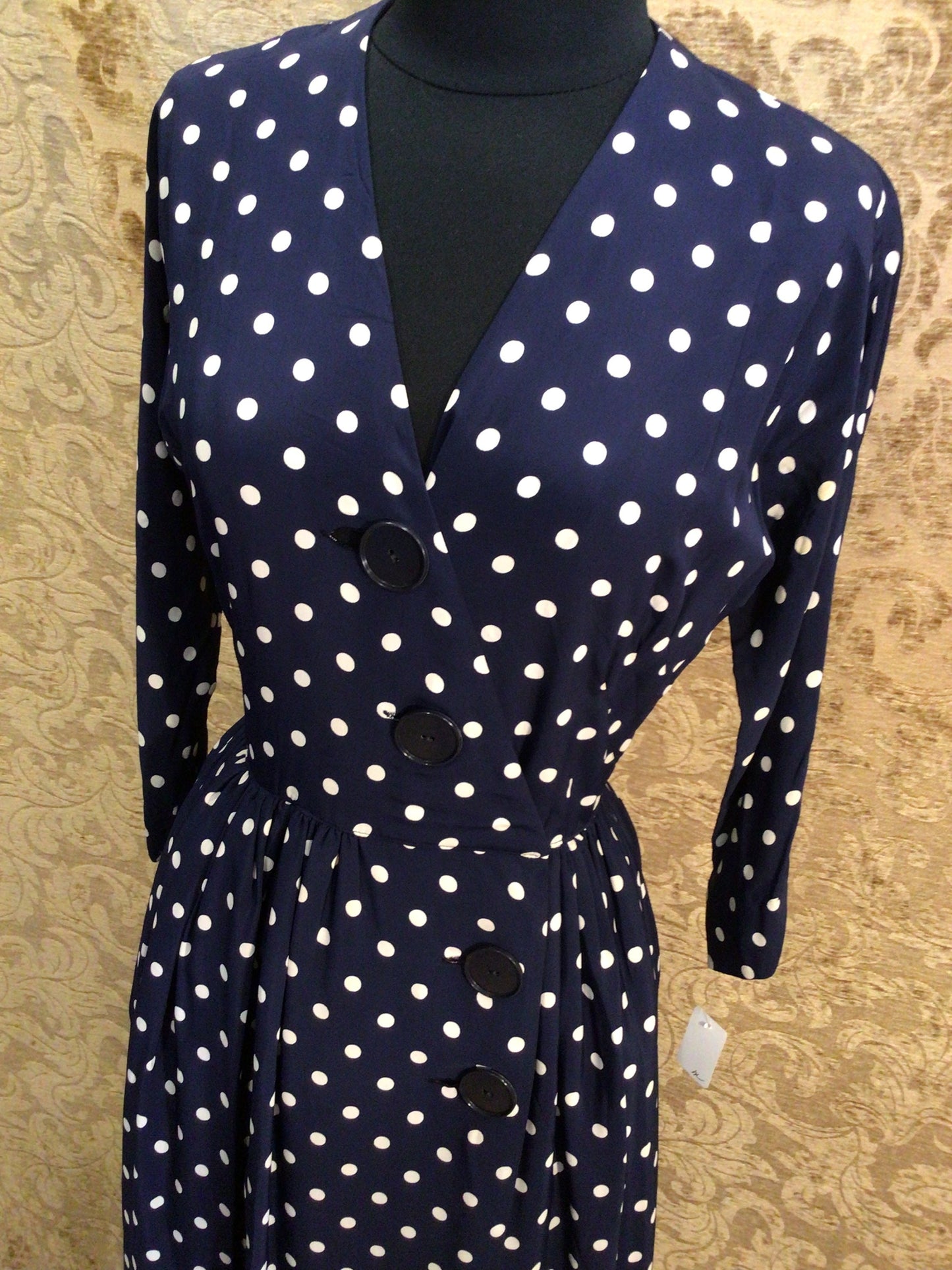 Early 1950s L’Aiglon Navy polka dot Silk Rayon Wrap dress