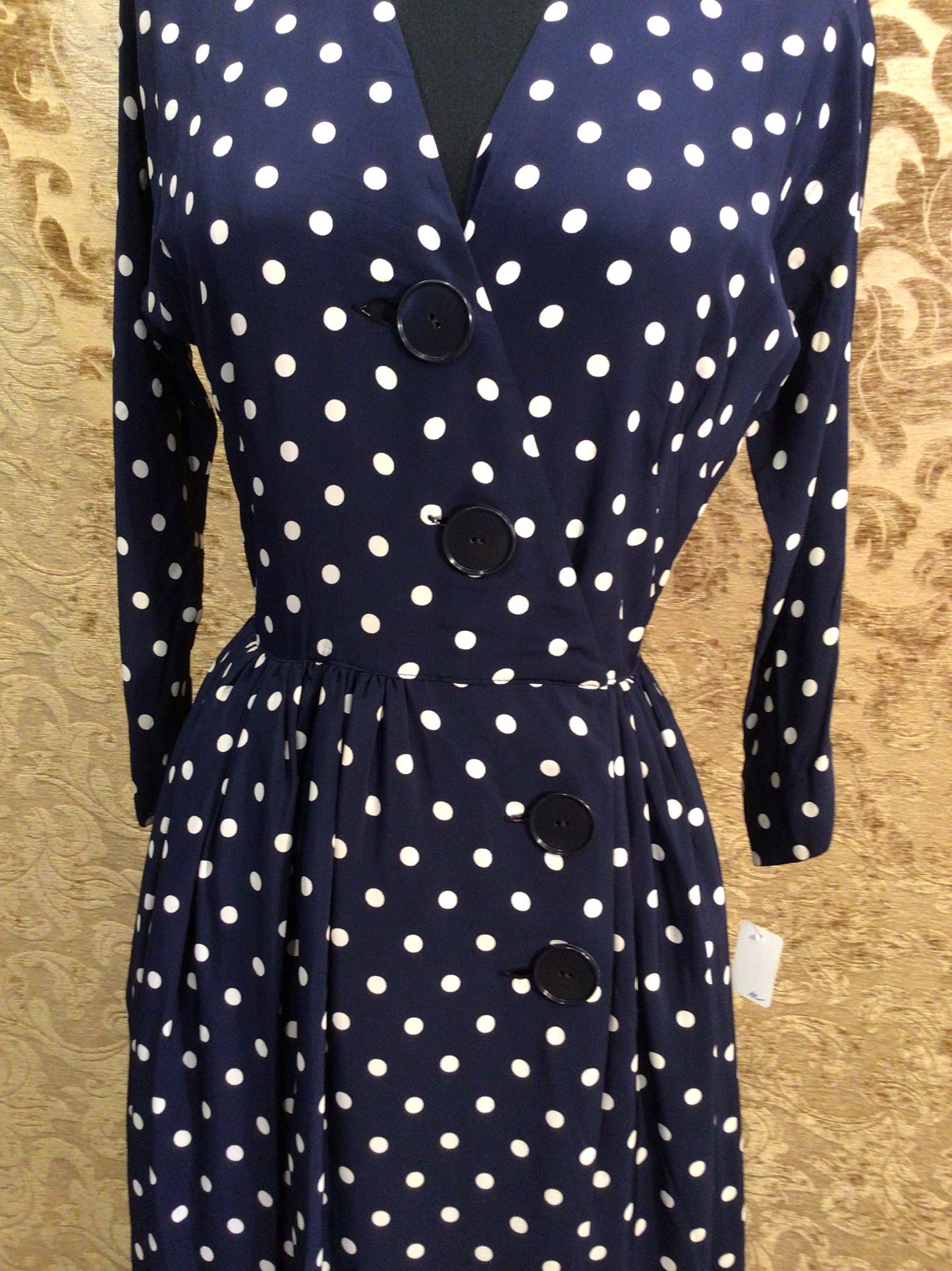 Early 1950s L’Aiglon Navy polka dot Silk Rayon Wrap dress