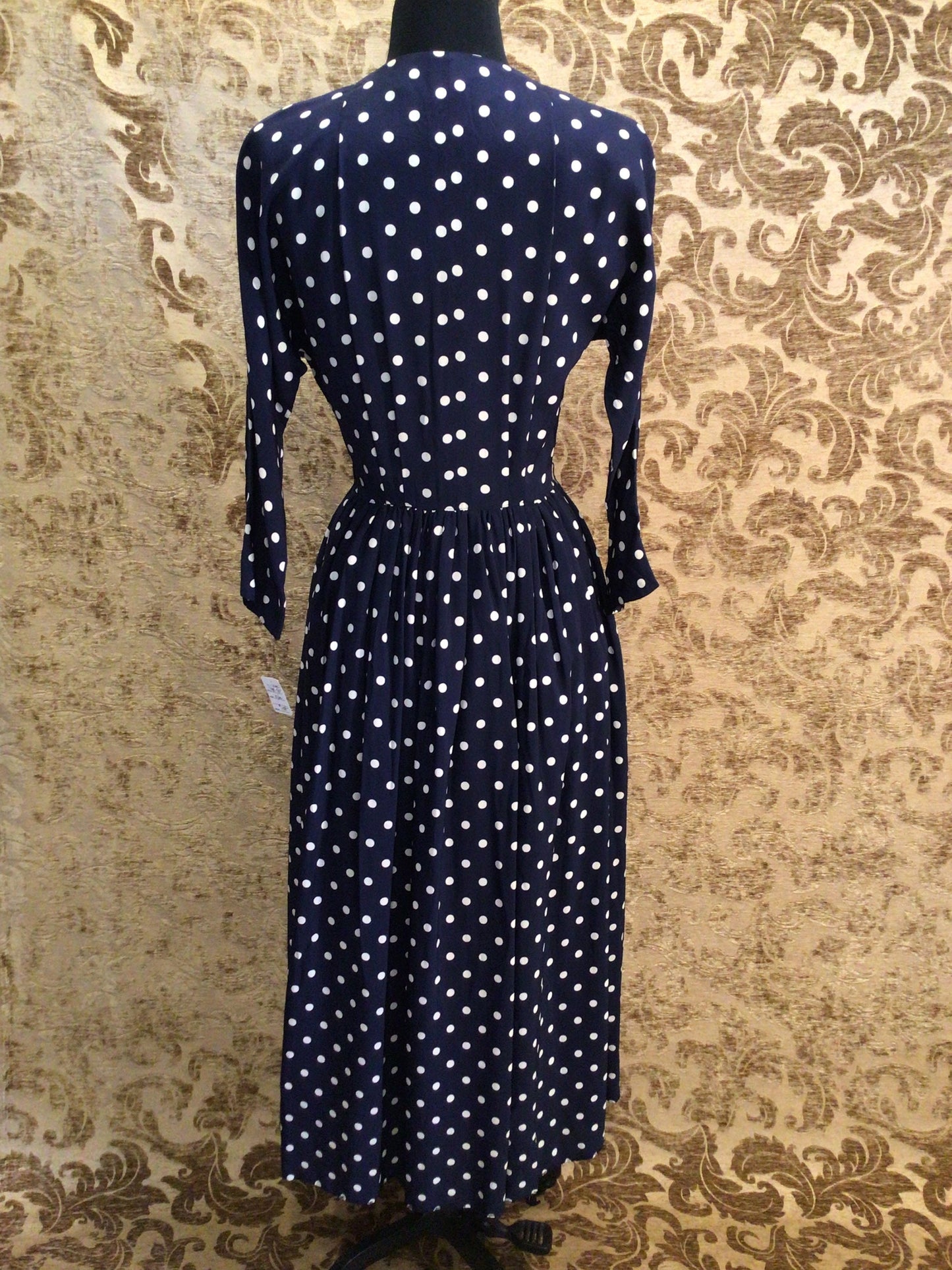 Early 1950s L’Aiglon Navy polka dot Silk Rayon Wrap dress