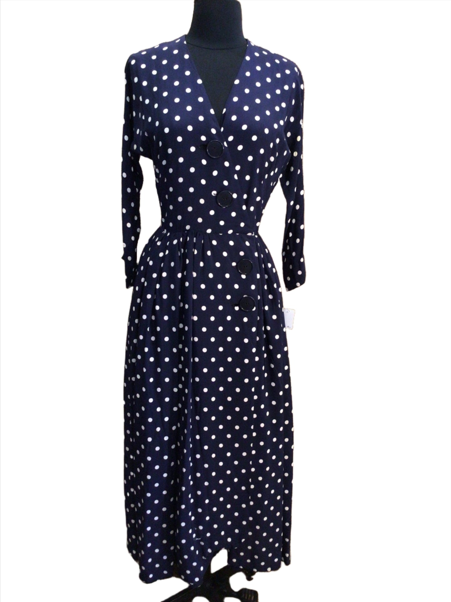 Early 1950s L’Aiglon Navy polka dot Silk Rayon Wrap dress