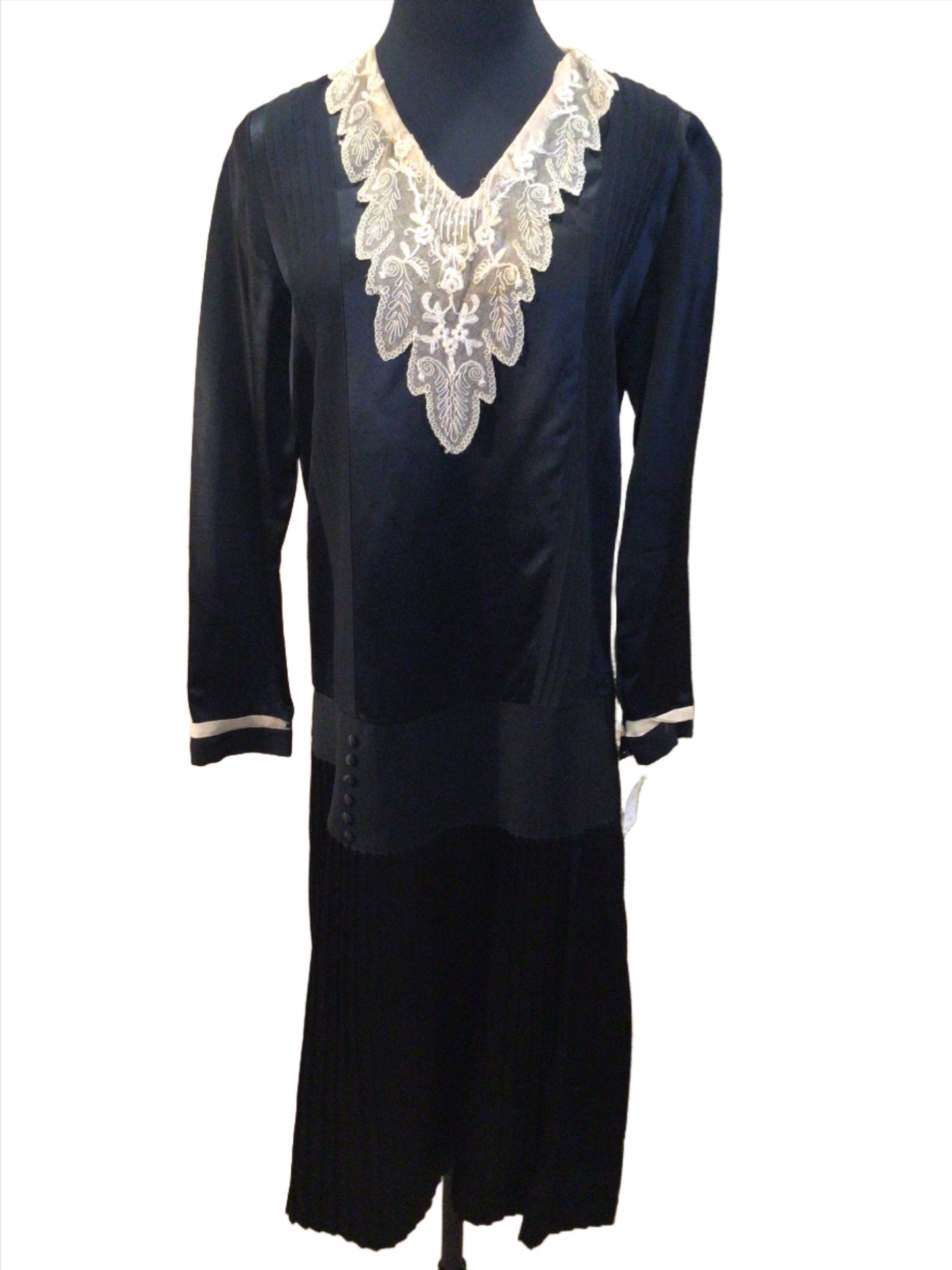 1920s Black Silk Lace Pleated Drop Waist Dress