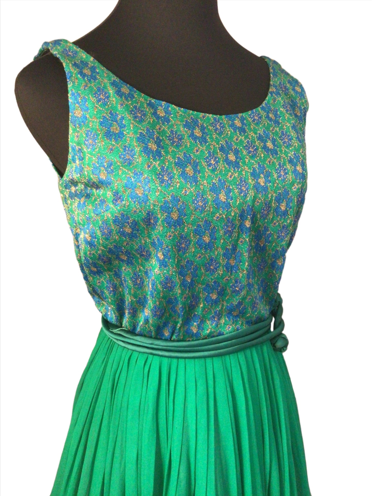 Authentic vintage 1960s Jerrell Jr. green chiffon with brocade bodice Dress.