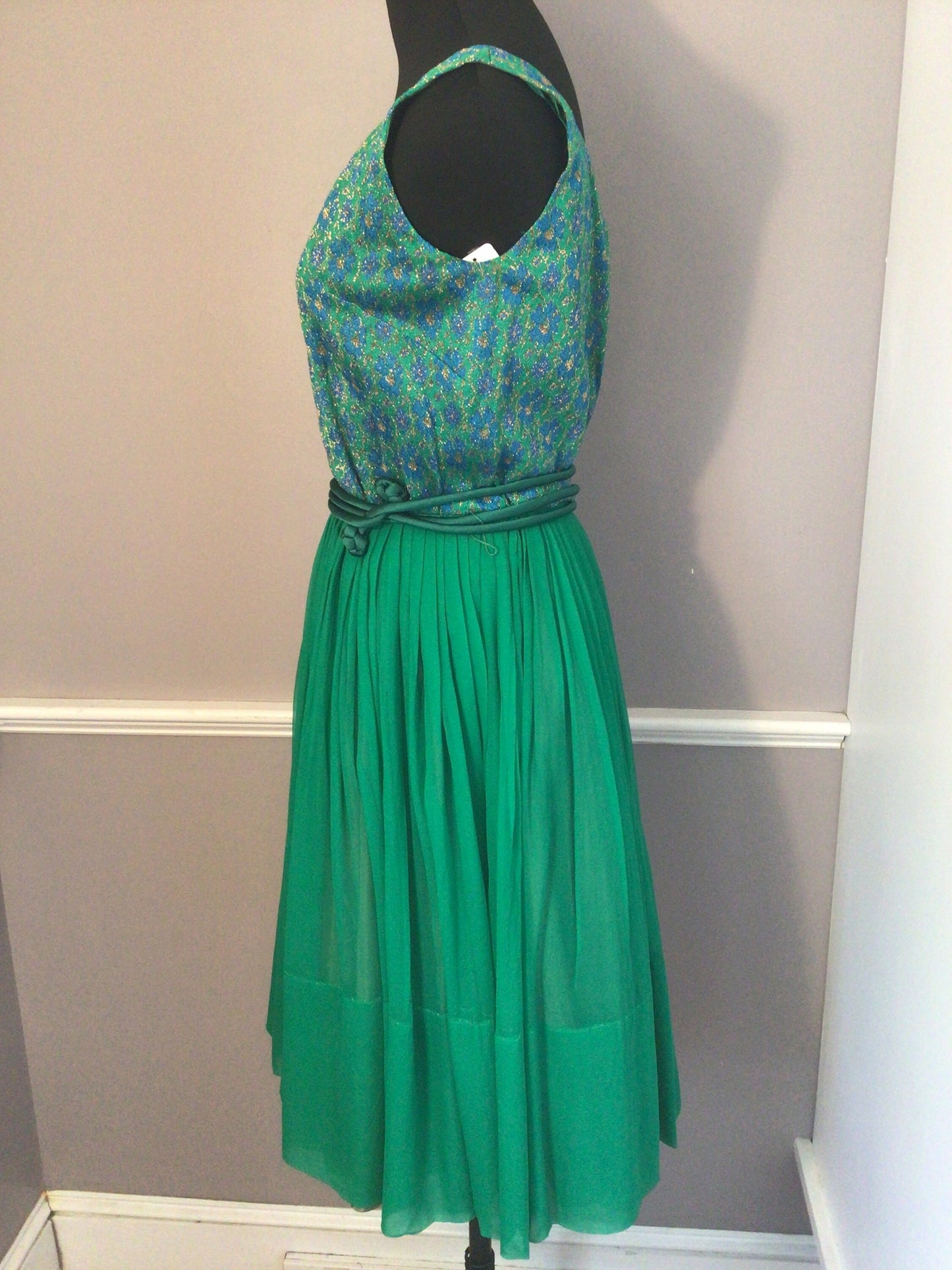 Authentic vintage 1960s Jerrell Jr. green chiffon with brocade bodice Dress.