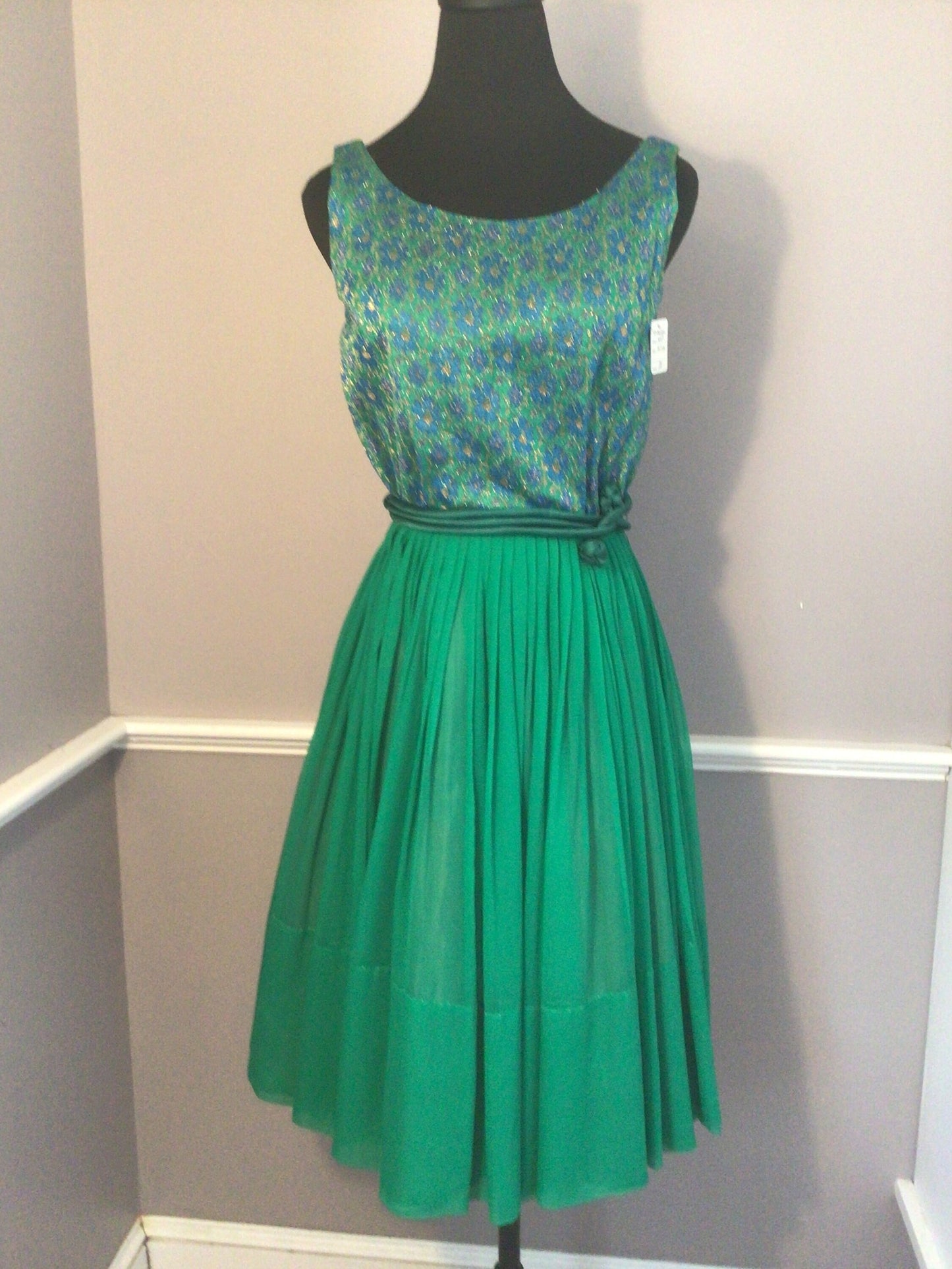 Authentic vintage 1960s Jerrell Jr. green chiffon with brocade bodice Dress.