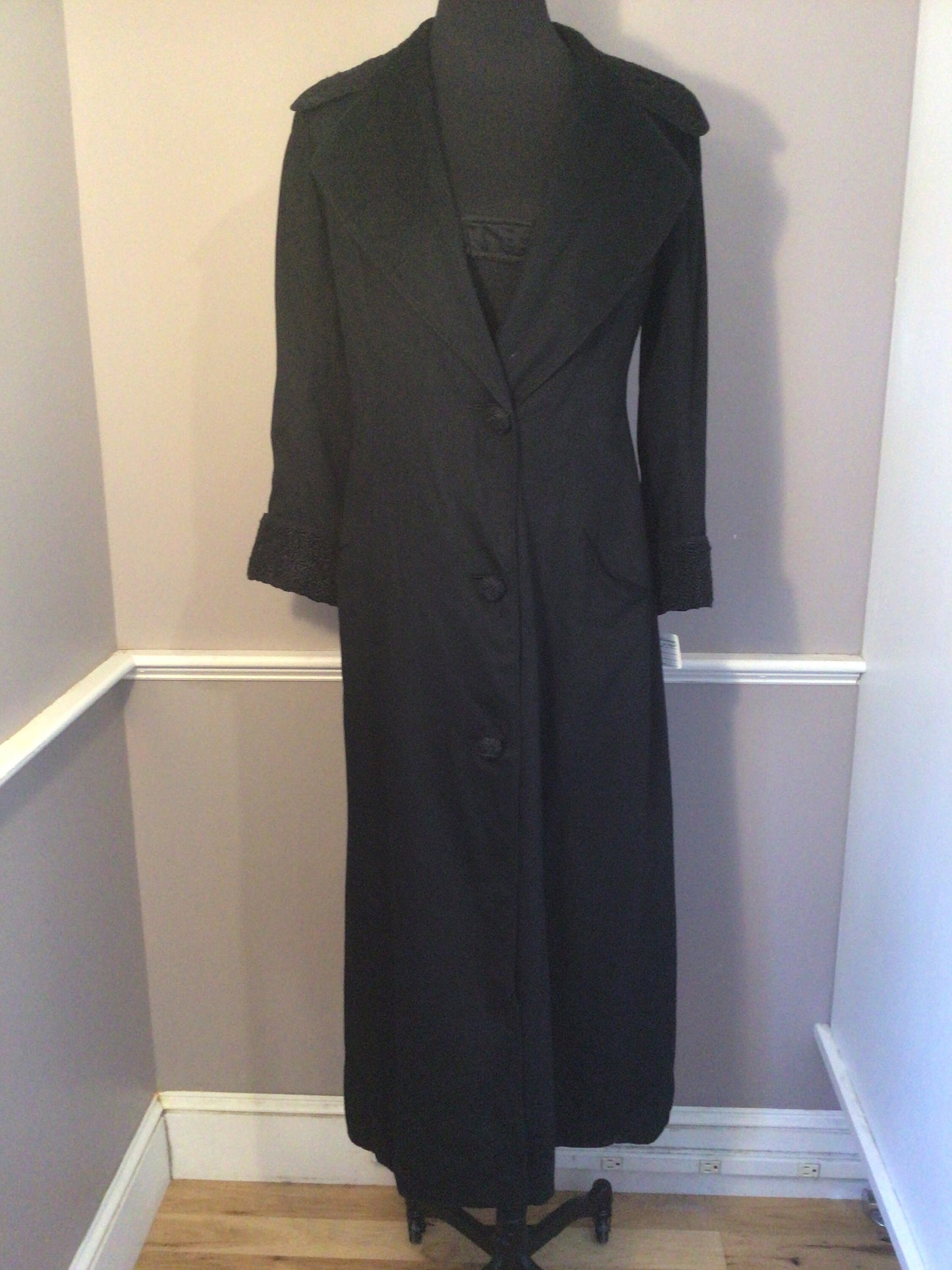 Authentic Vintage Edwardian Black Light Wool Coat with Passementerie Trim