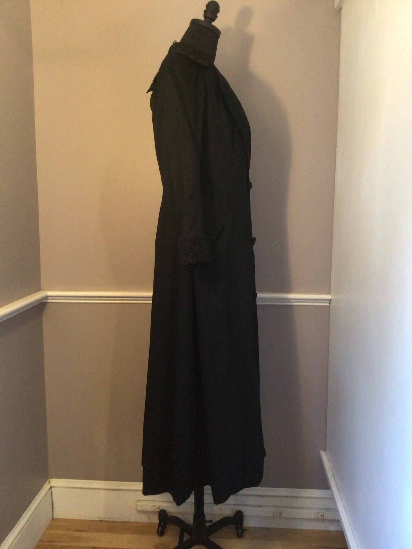 Authentic Vintage Edwardian Black Light Wool Coat with Passementerie Trim