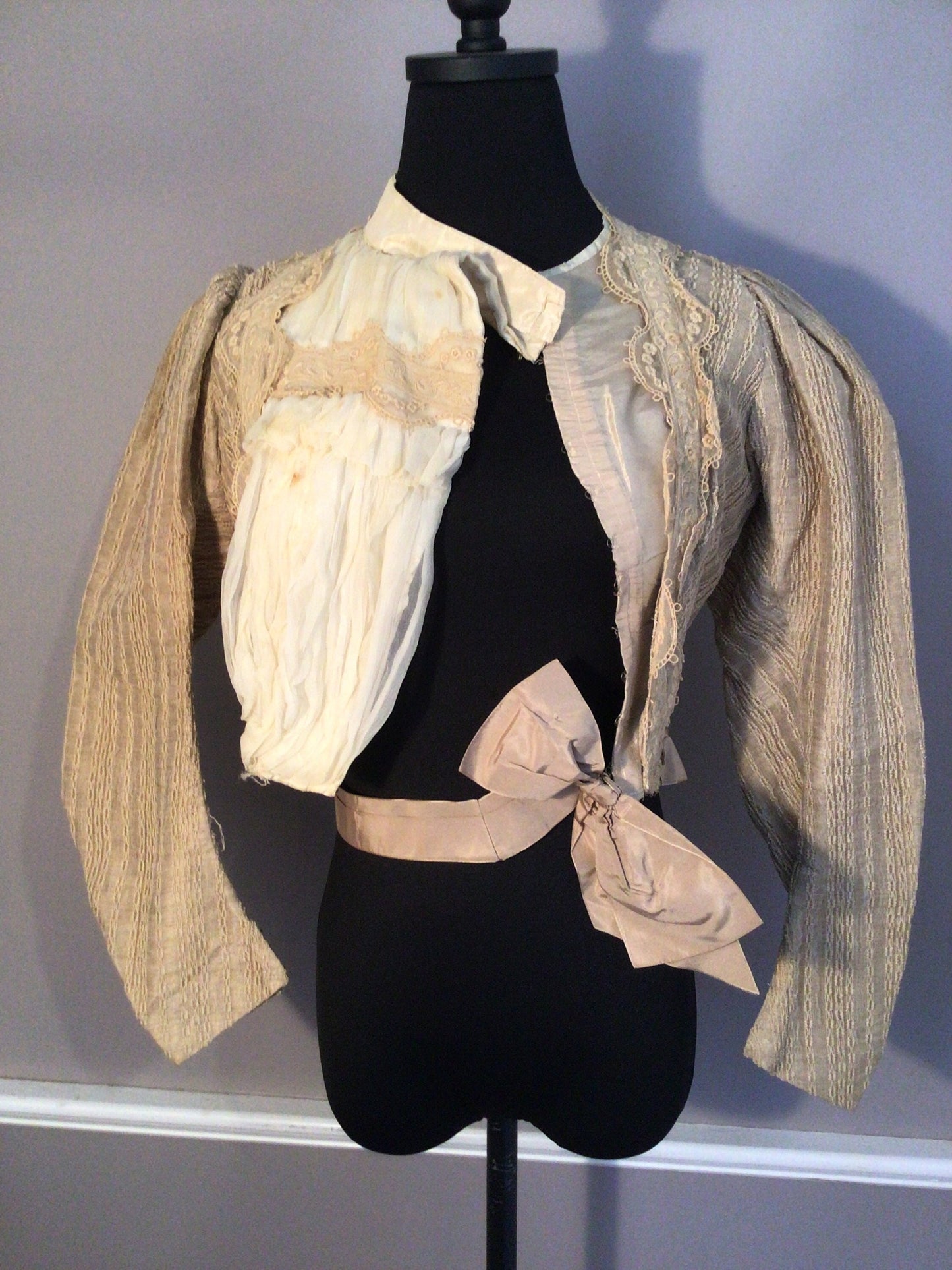 Authentic Victorian Vintage 1890s Ochre Woven Net Jacquard Bodice, Chiffon and Lace Front