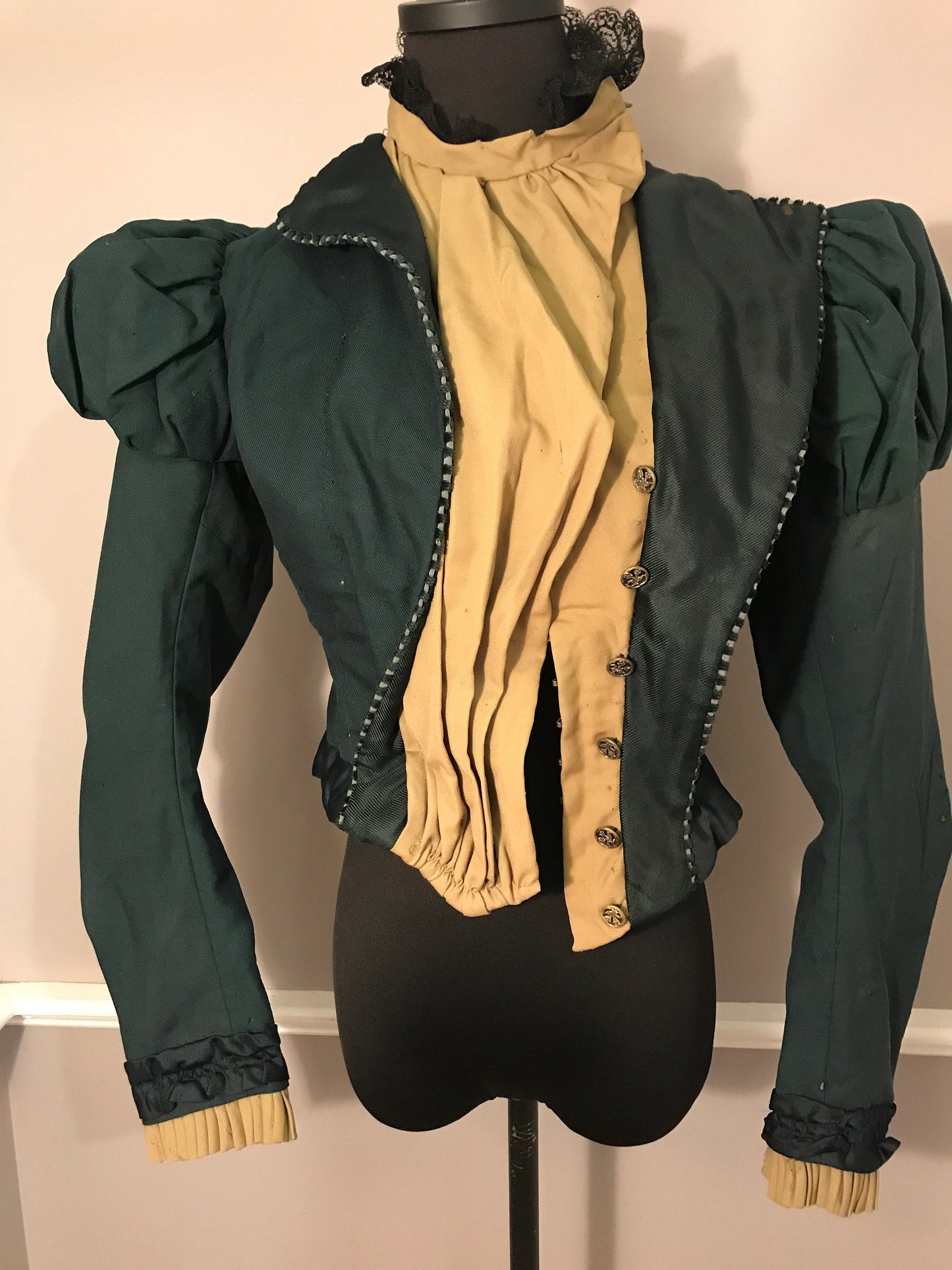 Authentic Antique 1890s Puff Sleeve Green Cotton - Wool Winter Bodice