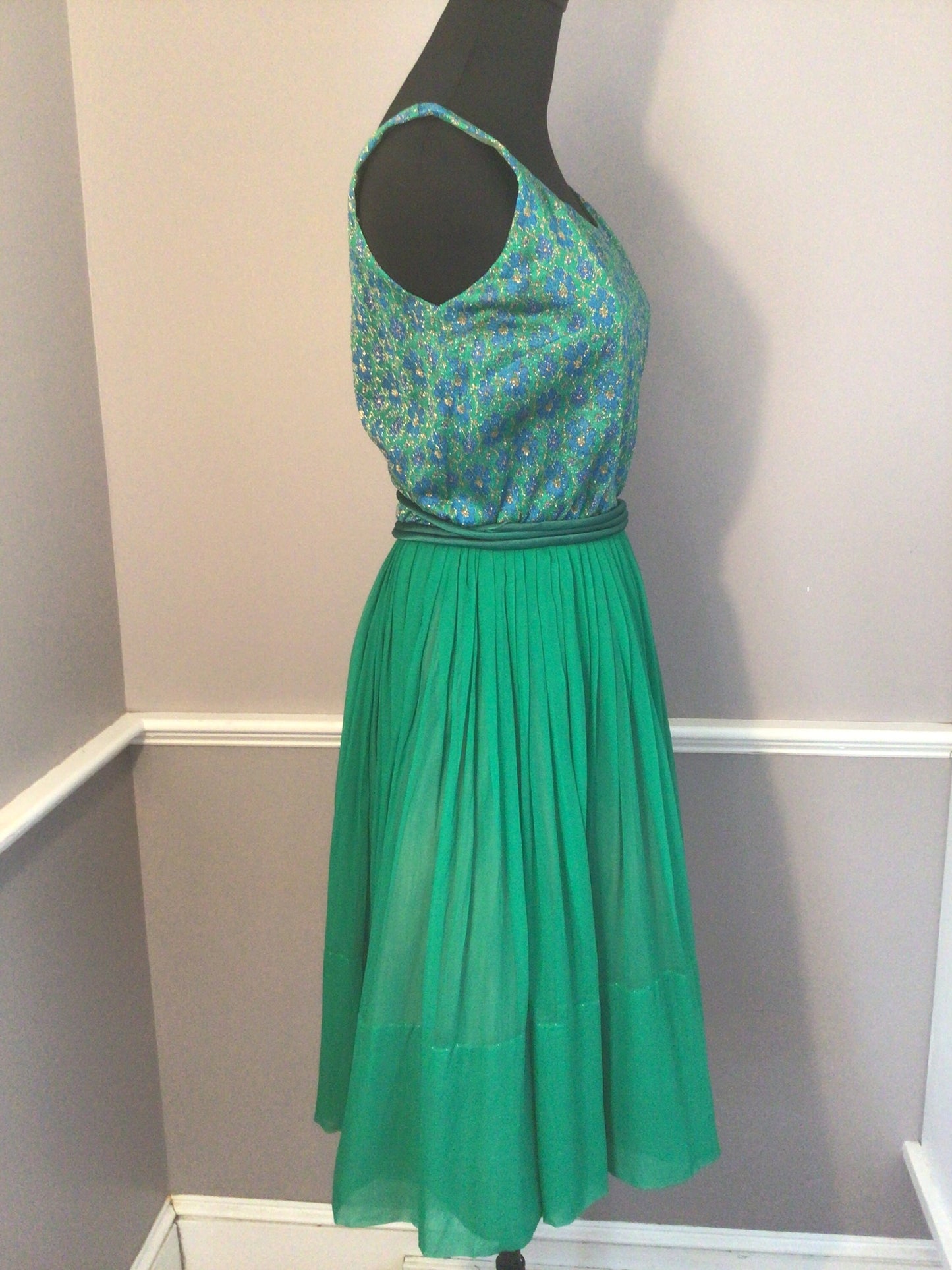 Authentic vintage 1960s Jerrell Jr. green chiffon with brocade bodice Dress.