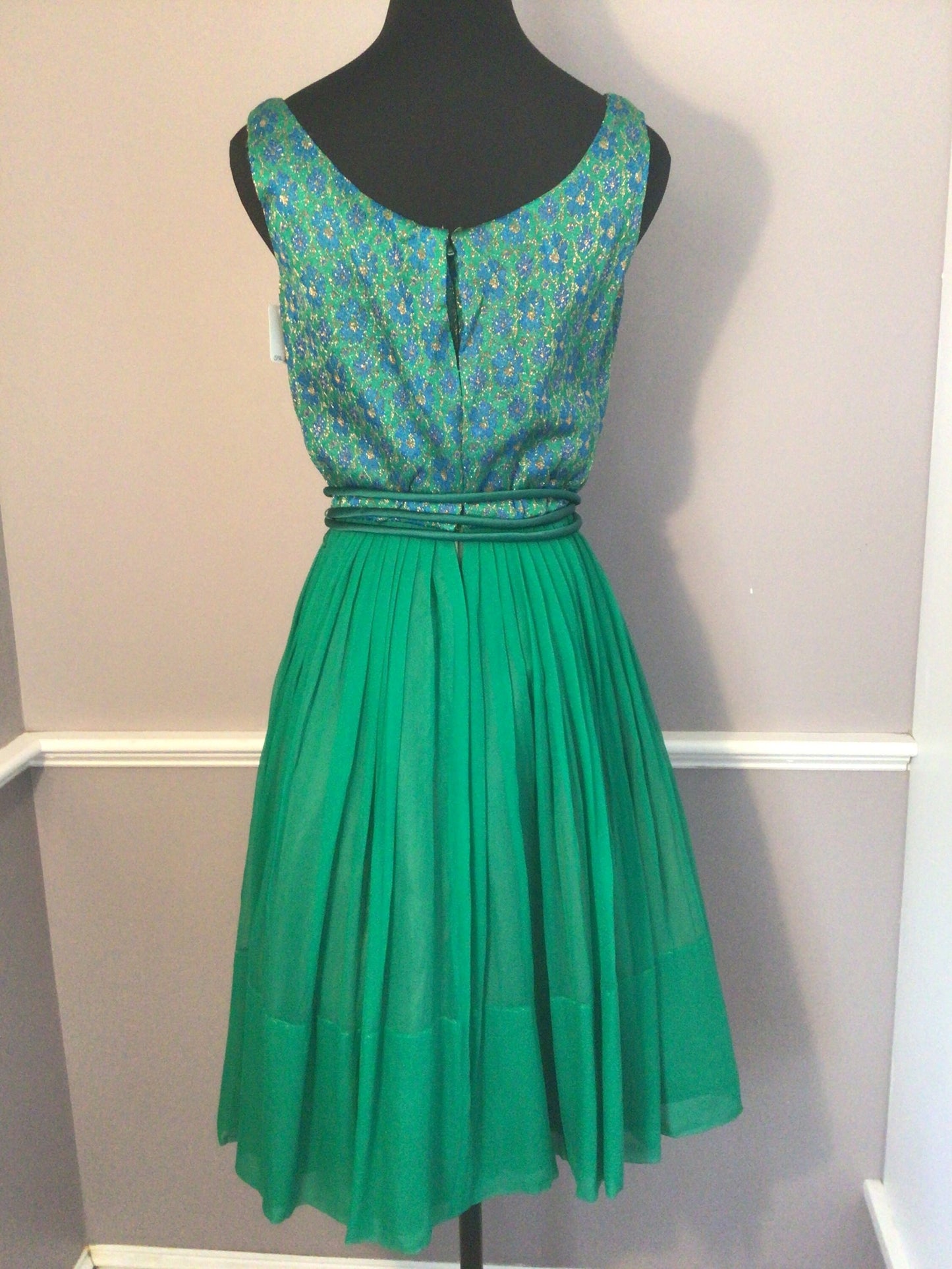 Authentic vintage 1960s Jerrell Jr. green chiffon with brocade bodice Dress.