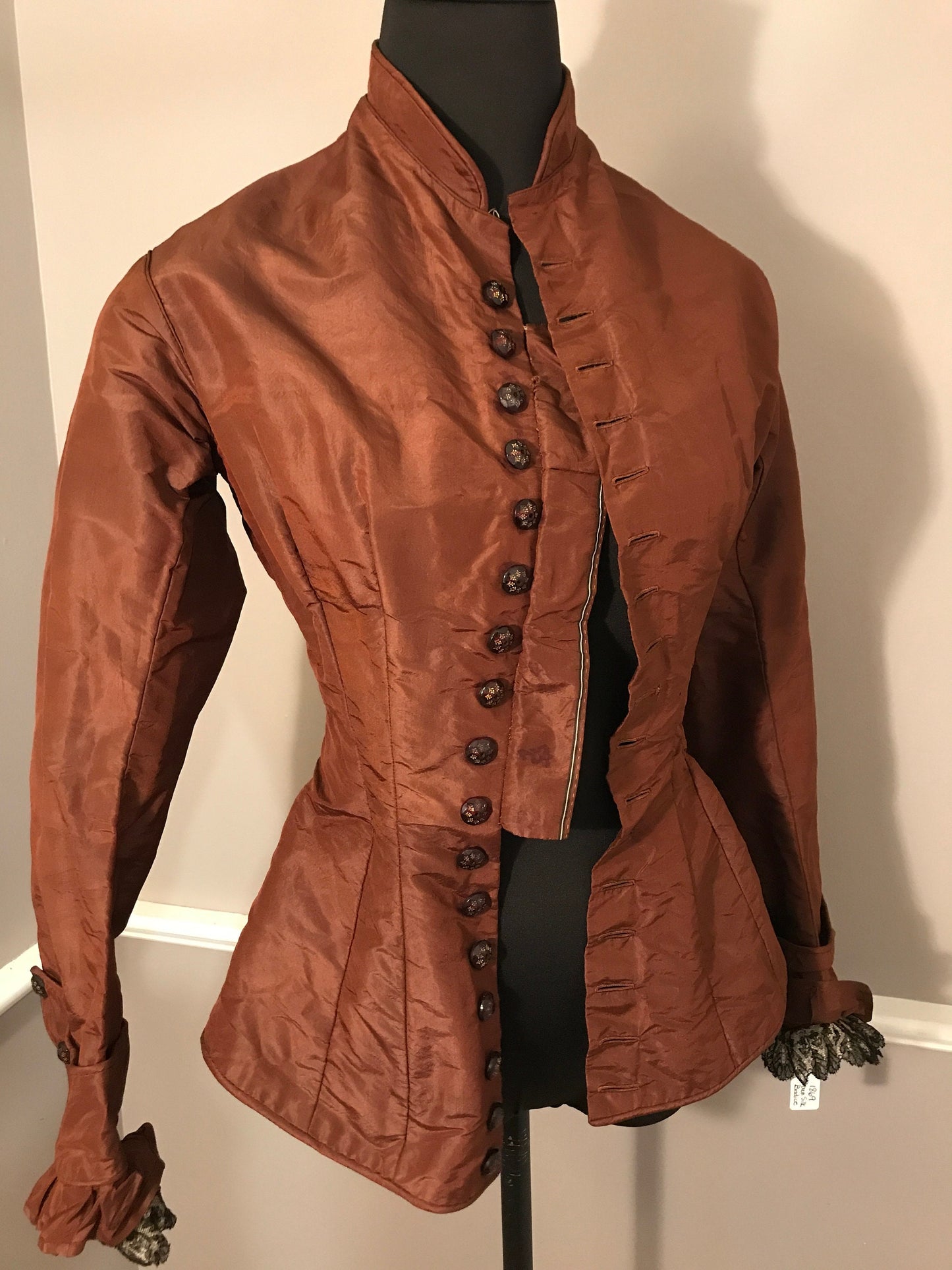 Authentic Vintage Victorian 1869 1870s Brown Silk Bodice with red glass buttons