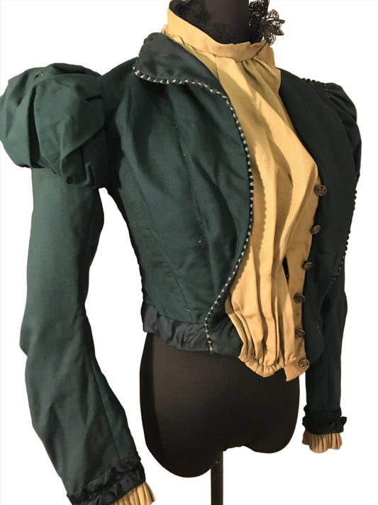 Authentic Antique 1890s Puff Sleeve Green Cotton - Wool Winter Bodice