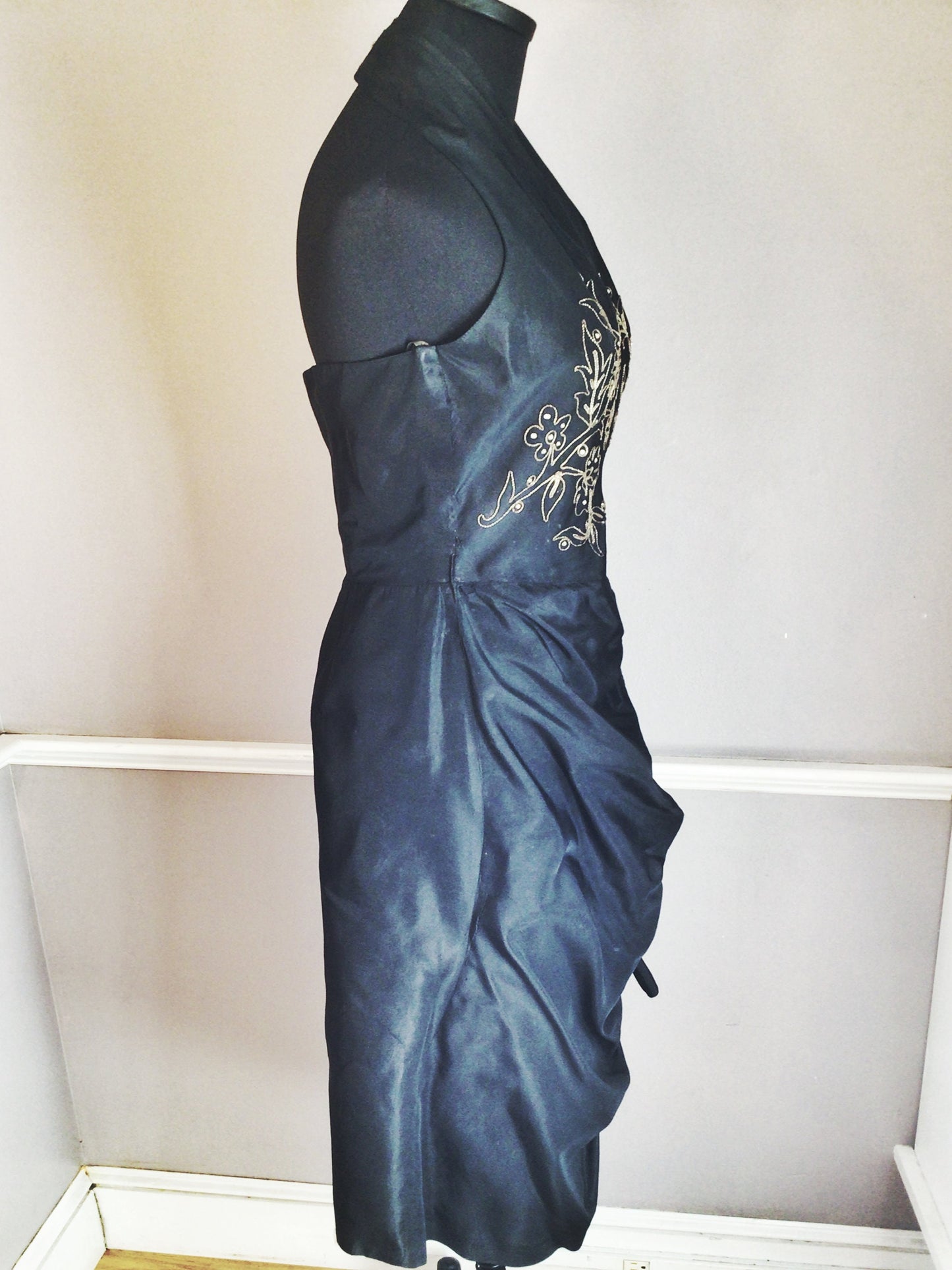 Authentic Vintage 1948 ~ 1950s Black Satin with Gold Embroidery Halter Dress