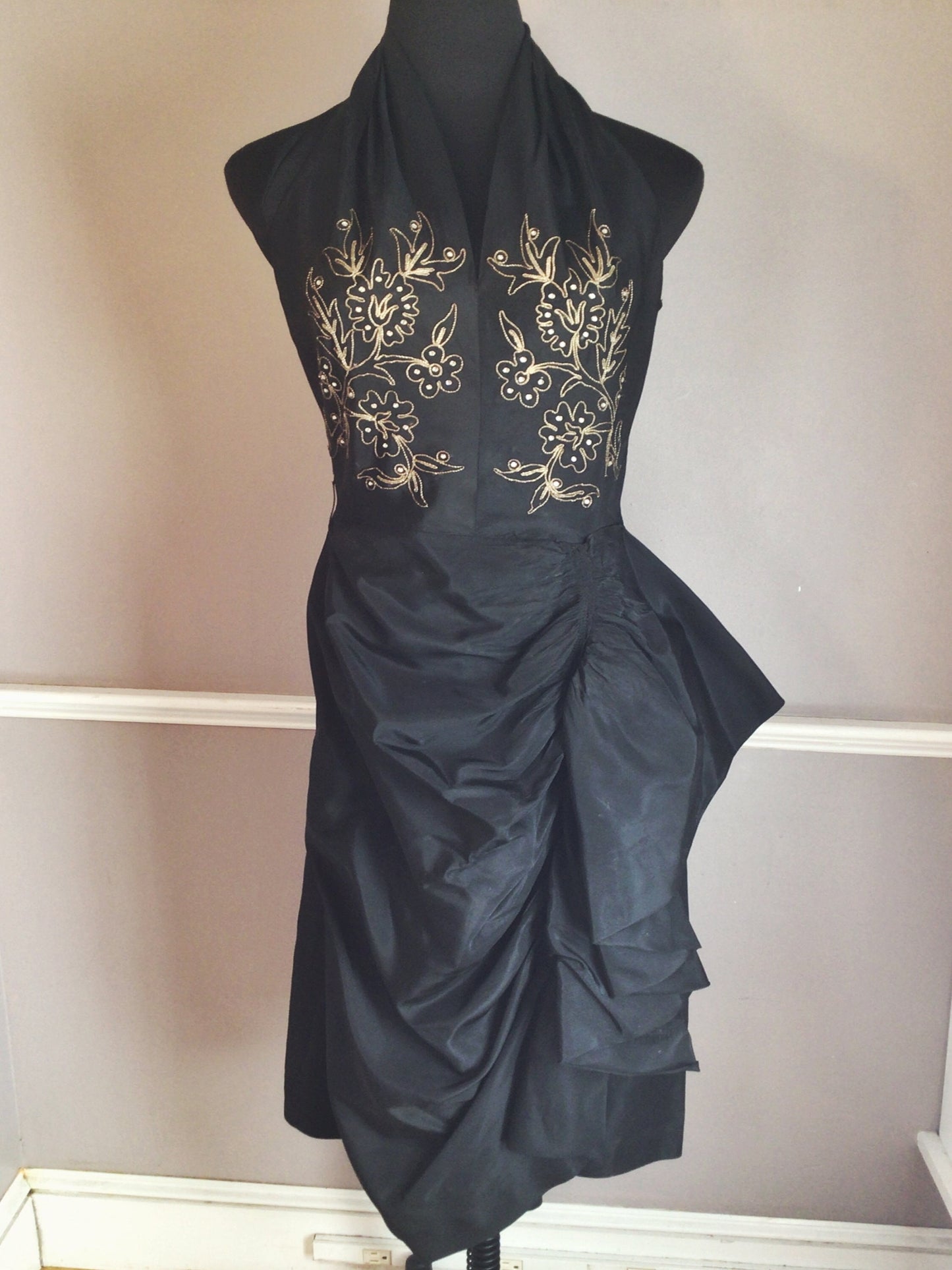 Authentic Vintage 1948 ~ 1950s Black Satin with Gold Embroidery Halter Dress