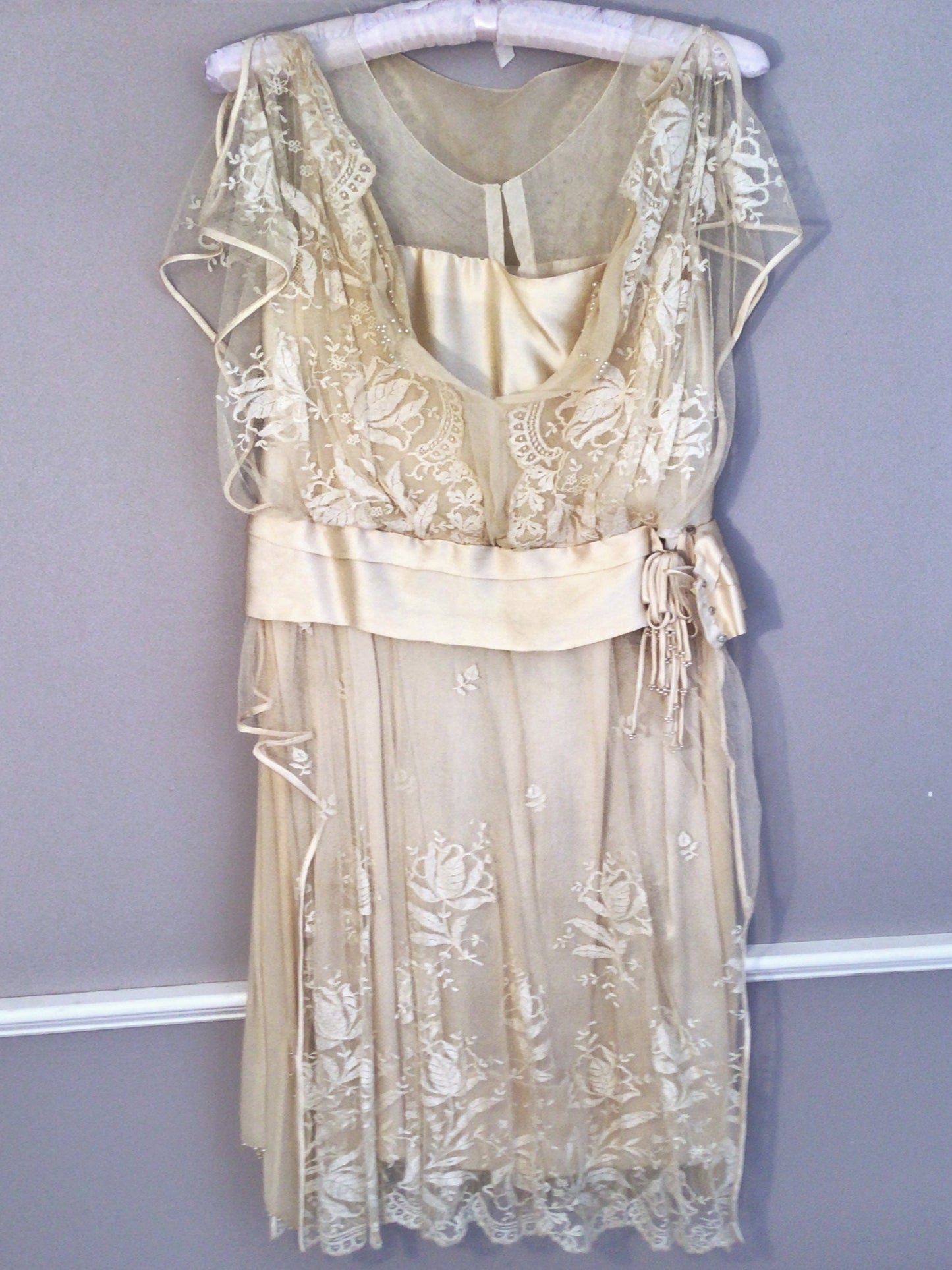 RARE 1920s Deco Ivory Silk Chiffon, Beaded & Embroidered Lace Dress