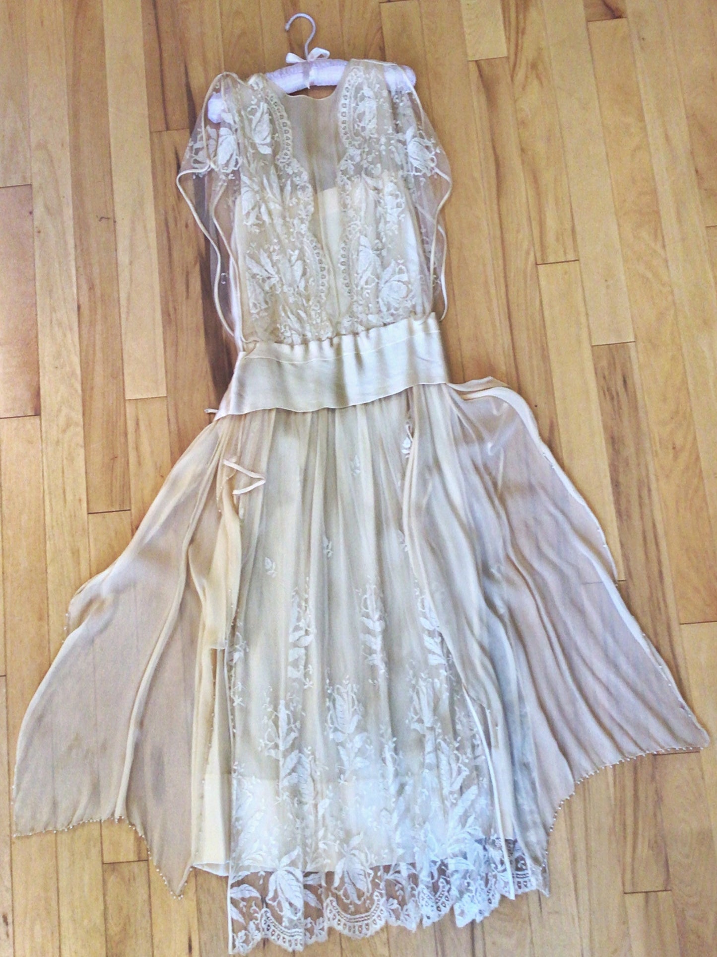 RARE 1920s Deco Ivory Silk Chiffon, Beaded & Embroidered Lace Dress