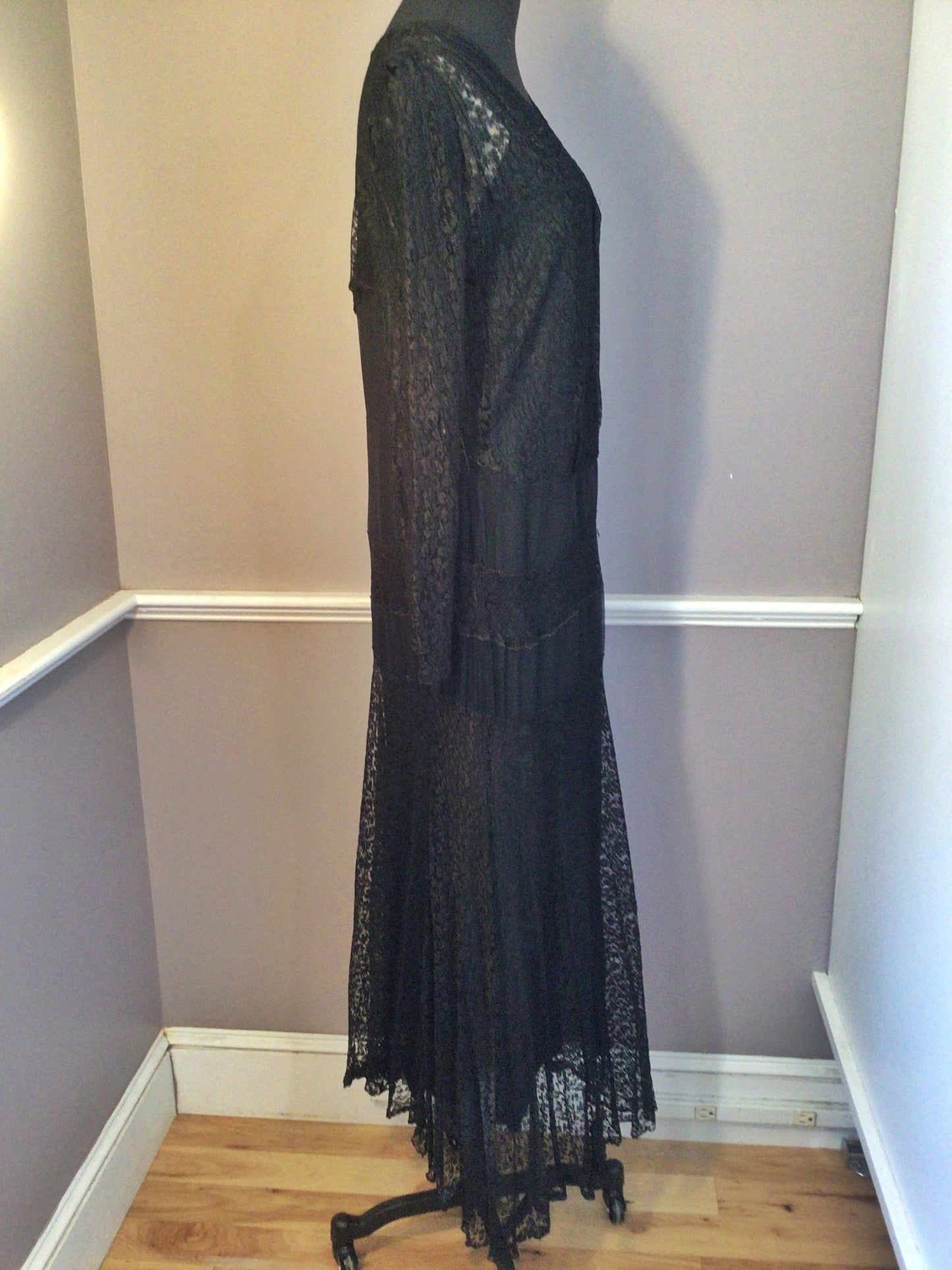 RARE Vintage 1930s Black Lace Silk Rayon, Ladies Evening Dress