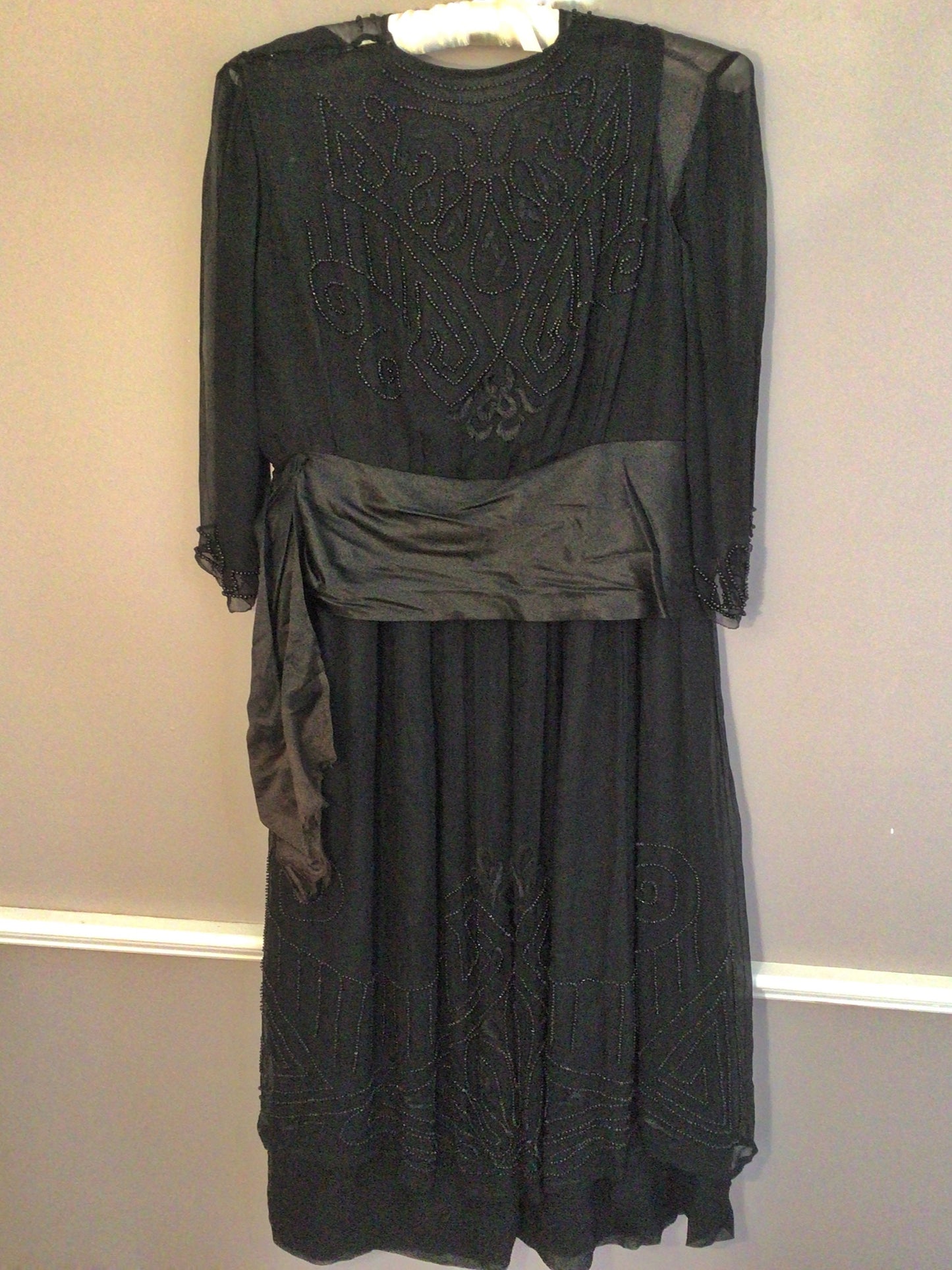 Authentic Vintage Edwardian 1910s Black Beaded Chiffon and Silk Ladies Evening Dress