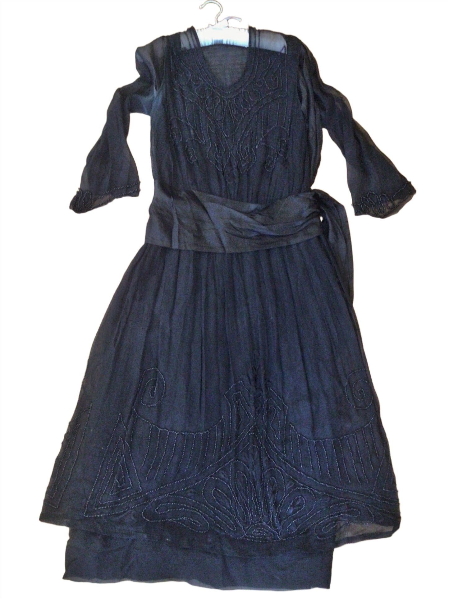 Authentic Vintage Edwardian 1910s Black Beaded Chiffon and Silk Ladies Evening Dress