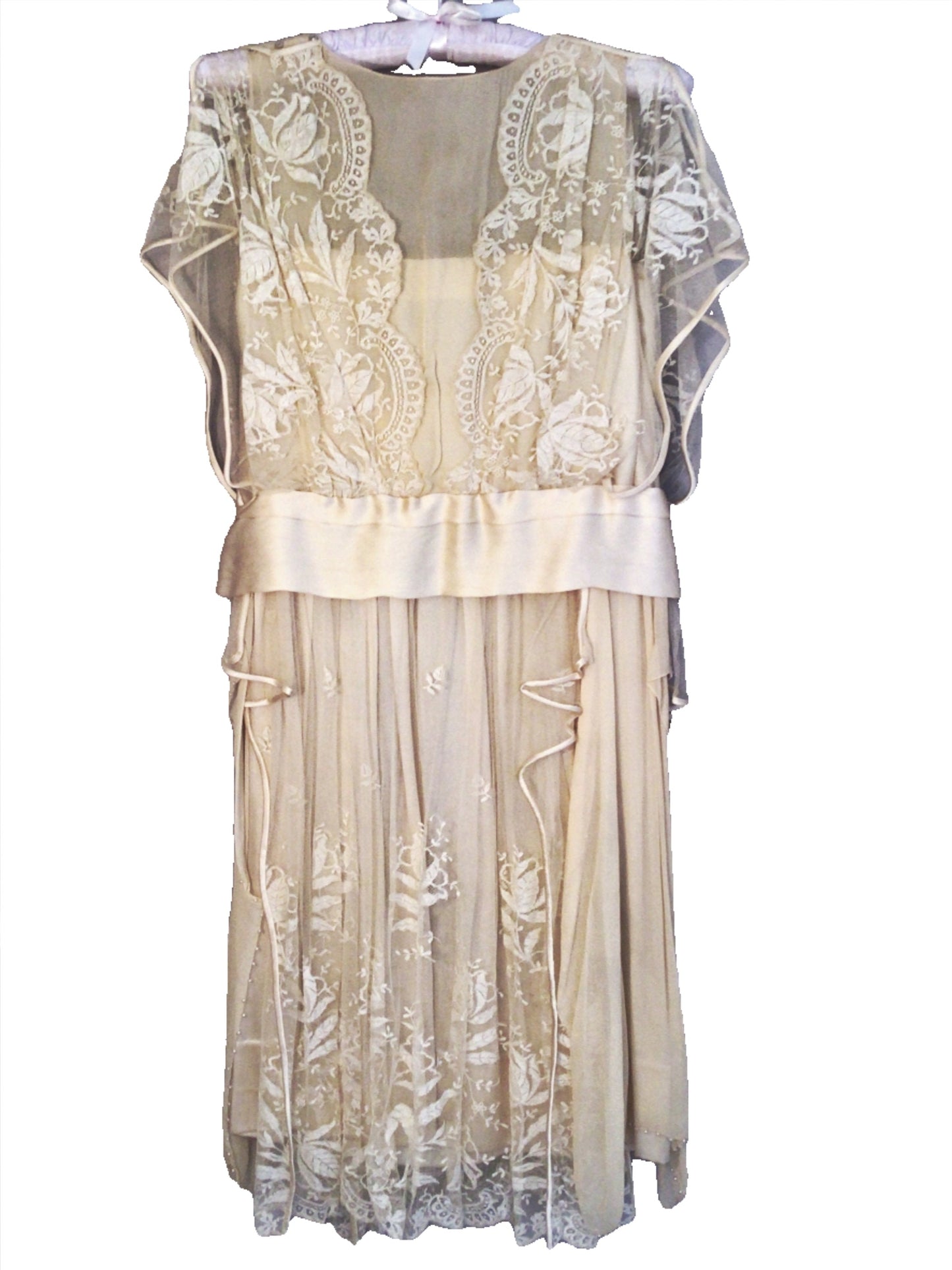 RARE 1920s Deco Ivory Silk Chiffon, Beaded & Embroidered Lace Dress