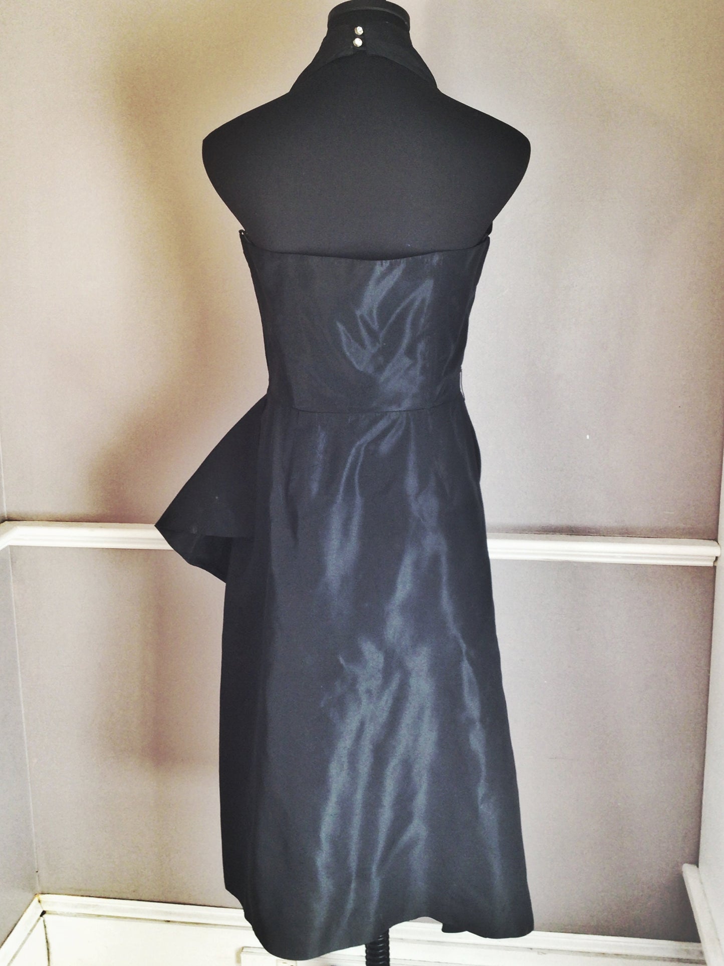 Authentic Vintage 1948 ~ 1950s Black Satin with Gold Embroidery Halter Dress