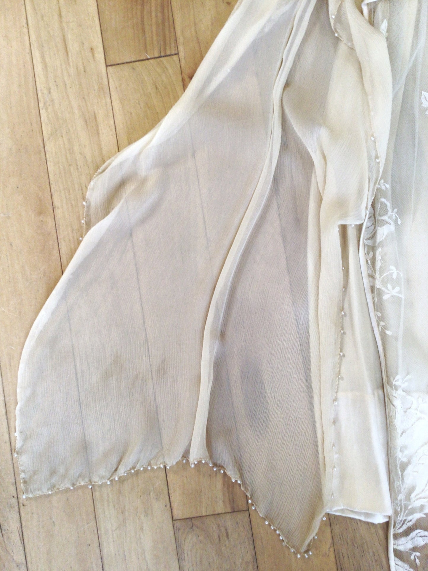 RARE 1920s Deco Ivory Silk Chiffon, Beaded & Embroidered Lace Dress