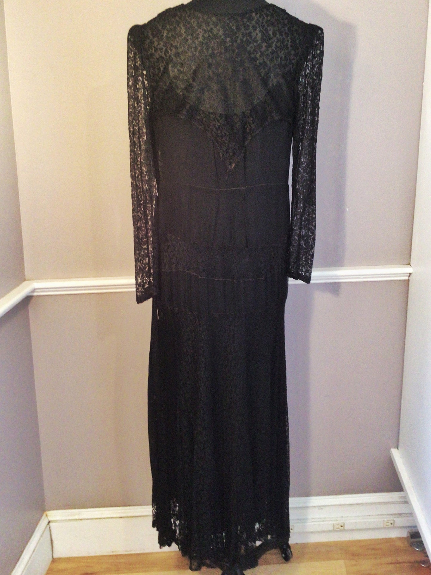 RARE Vintage 1930s Black Lace Silk Rayon, Ladies Evening Dress