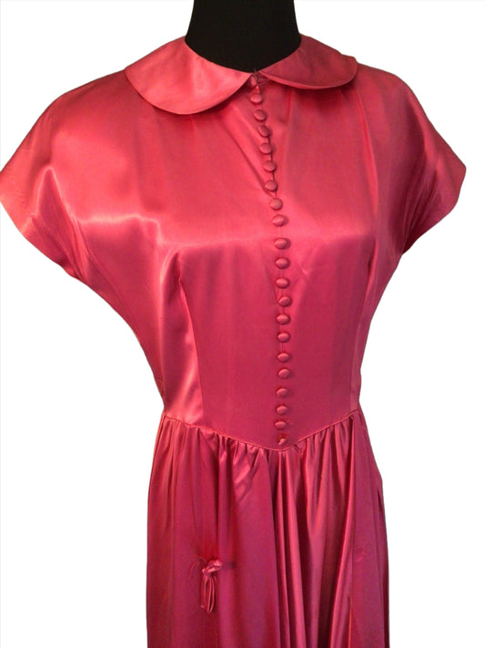 Vintage 1940s Rose Fushia Silk Satin Full Length Prom Gown