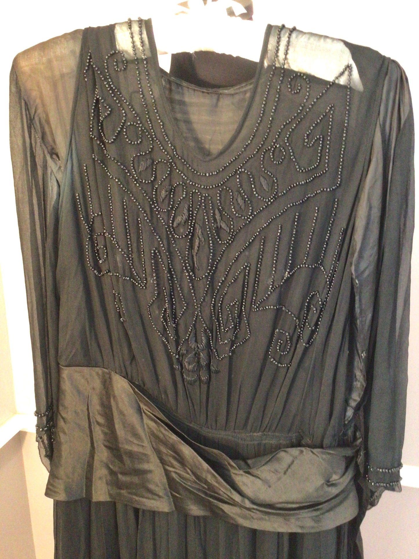 Authentic Vintage Edwardian 1910s Black Beaded Chiffon and Silk Ladies Evening Dress