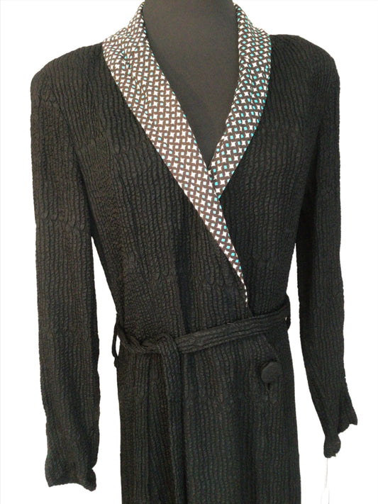 Authentic Vintage 1940s Black Ribbed Rayon Ladies Dressing Robe