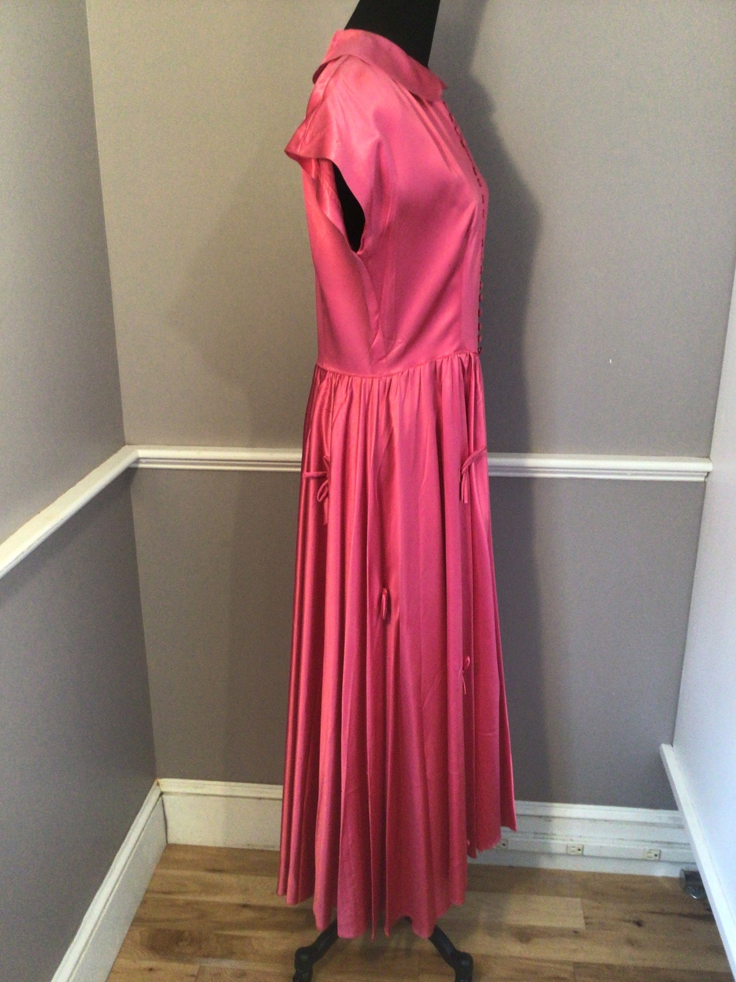 Vintage 1940s Rose Fushia Silk Satin Full Length Prom Gown