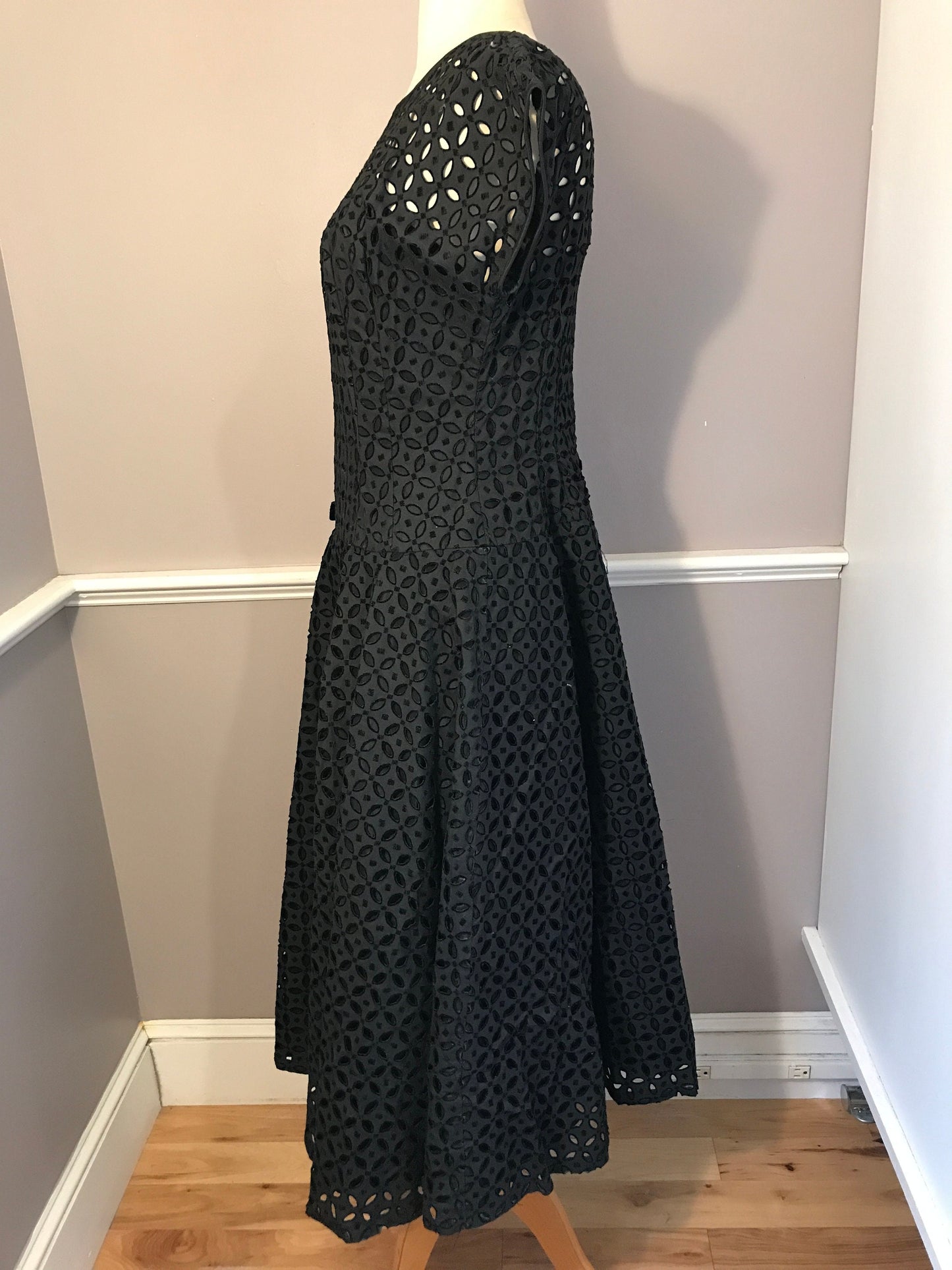 Vintage Mid-1950s Black Flocked Eyelet Rockabilly Dress