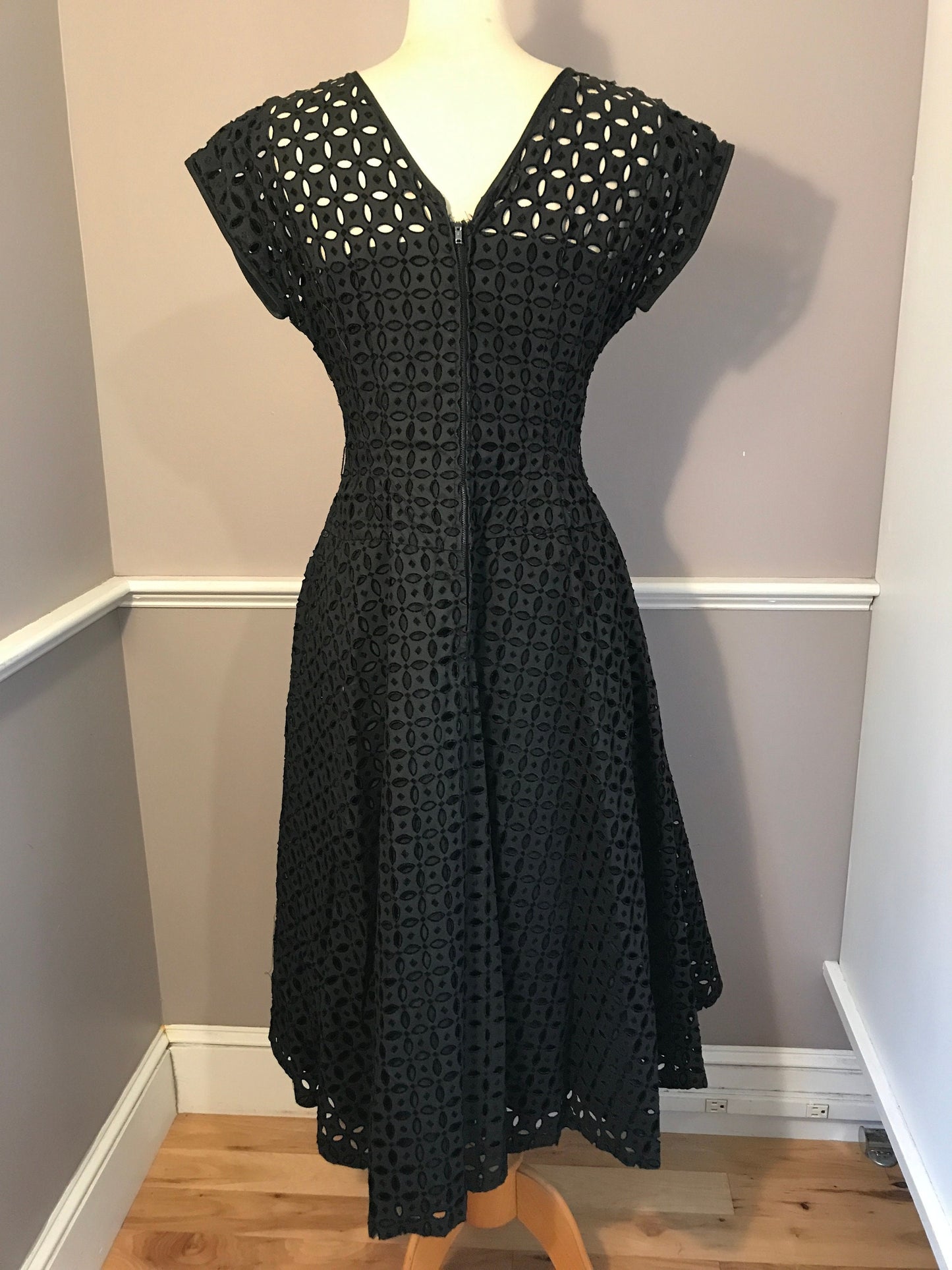 Vintage Mid-1950s Black Flocked Eyelet Rockabilly Dress