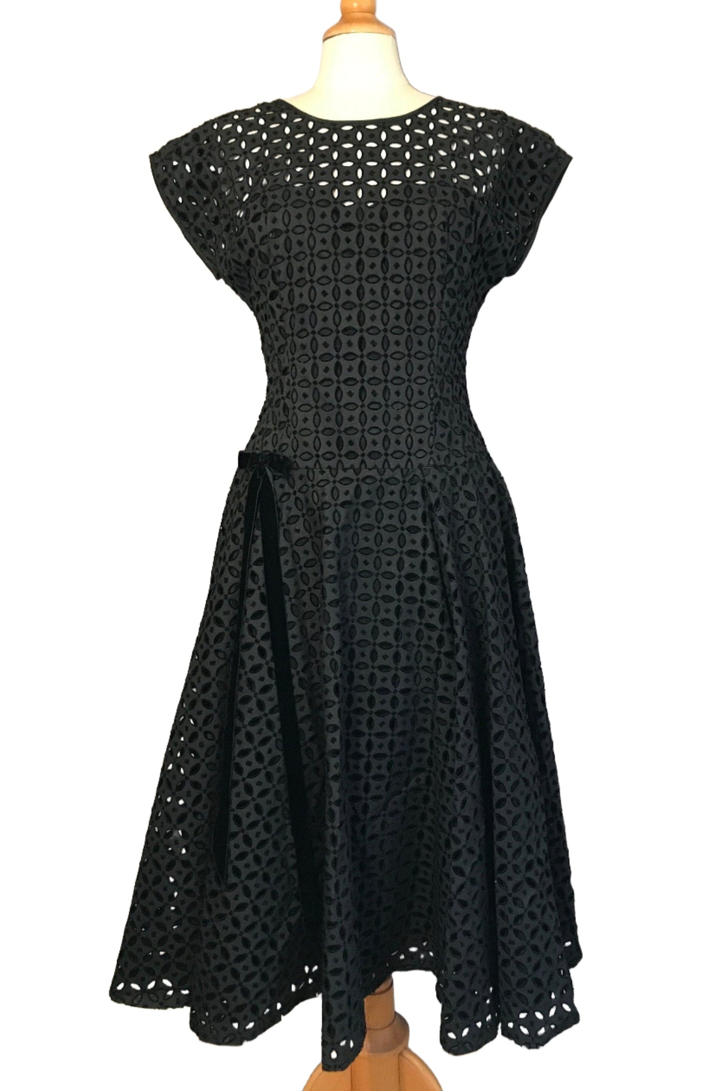 Vintage Mid-1950s Black Flocked Eyelet Rockabilly Dress